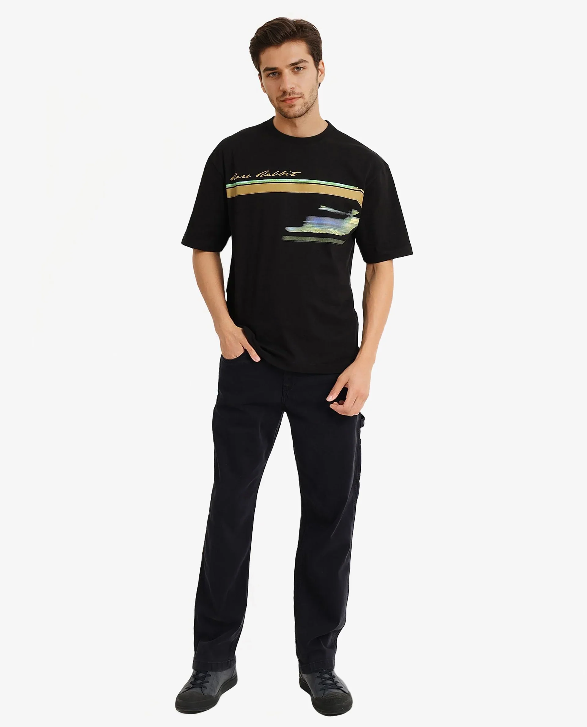 Rare Rabbit Men's Cius Black Cotton Graphic Print Oversized Fit Half Sleeve Crew Neck T-Shirt - Image 2