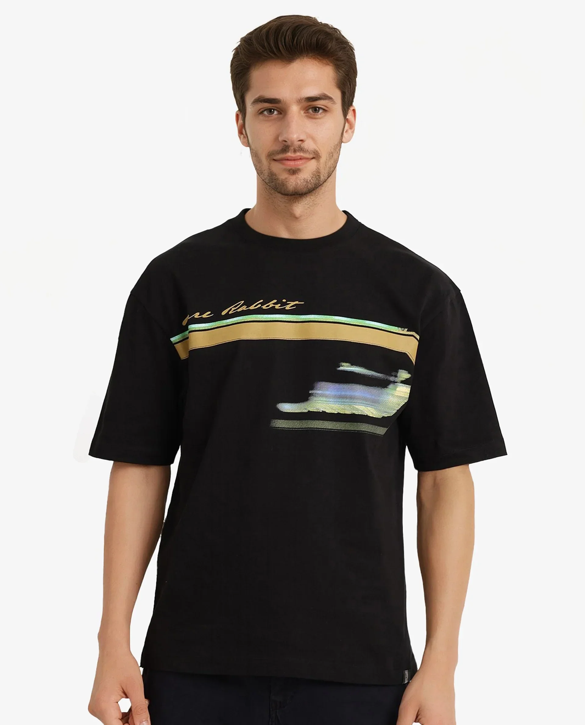 Rare Rabbit Men's Cius Black Cotton Graphic Print Oversized Fit Half Sleeve Crew Neck T-Shirt - Image 5