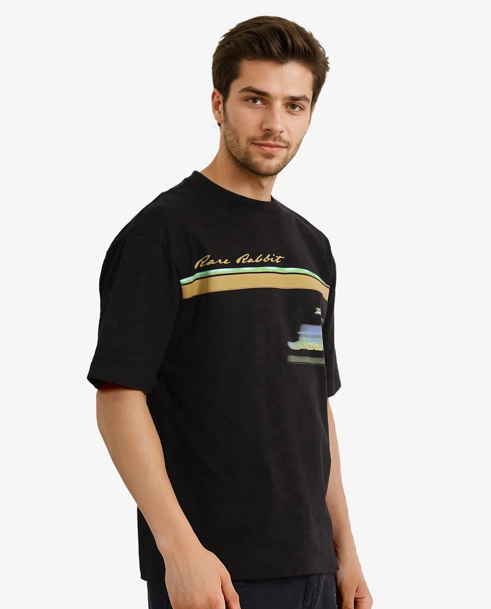 Rare Rabbit Men's Cius Black Cotton Graphic Print Oversized Fit Half Sleeve Crew Neck T-Shirt - Image 6