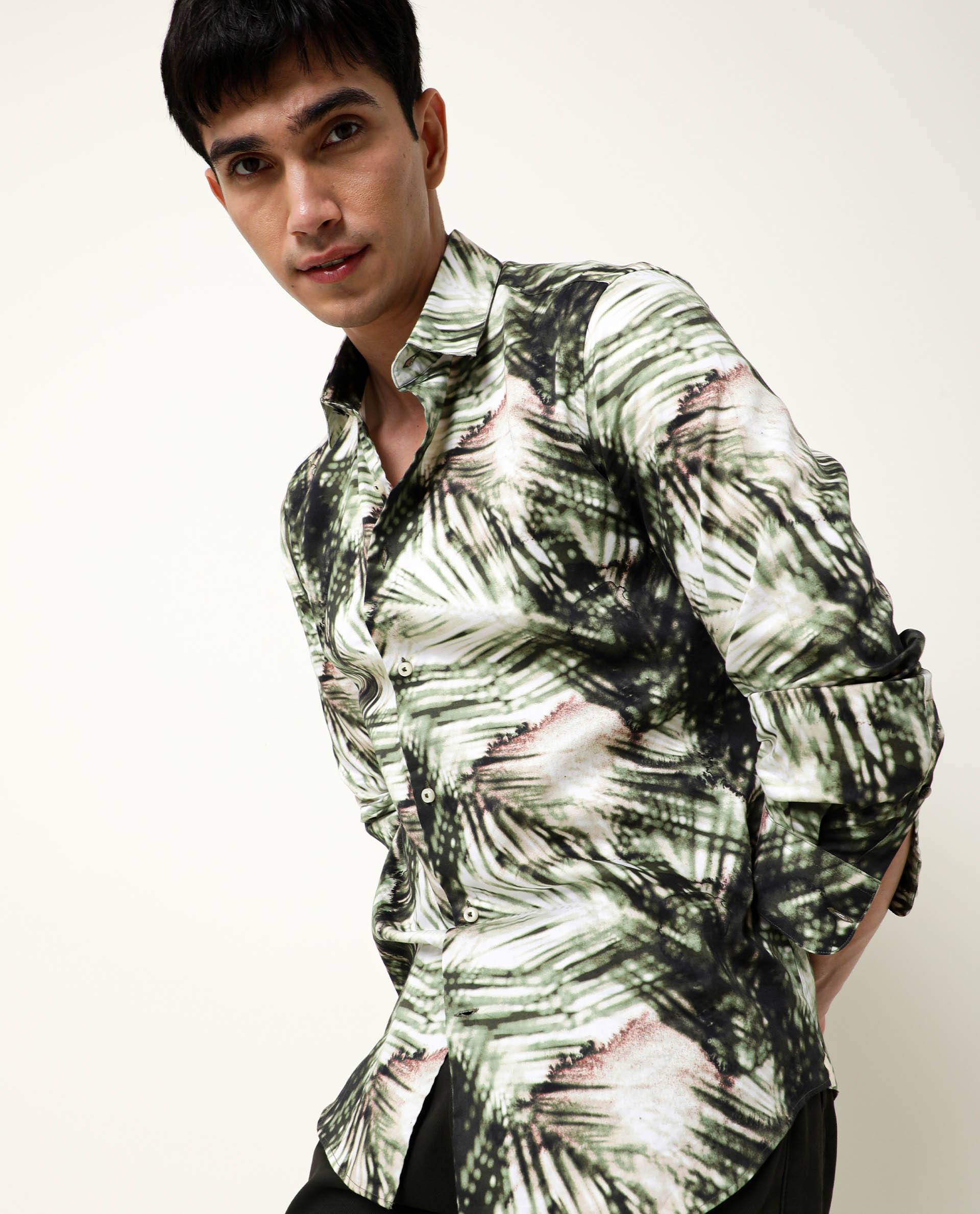 Rare Rabbit Men's Civiche Green Viscose Tropical Print Regular Fit Full Sleeve Collared Shirt - Image 4