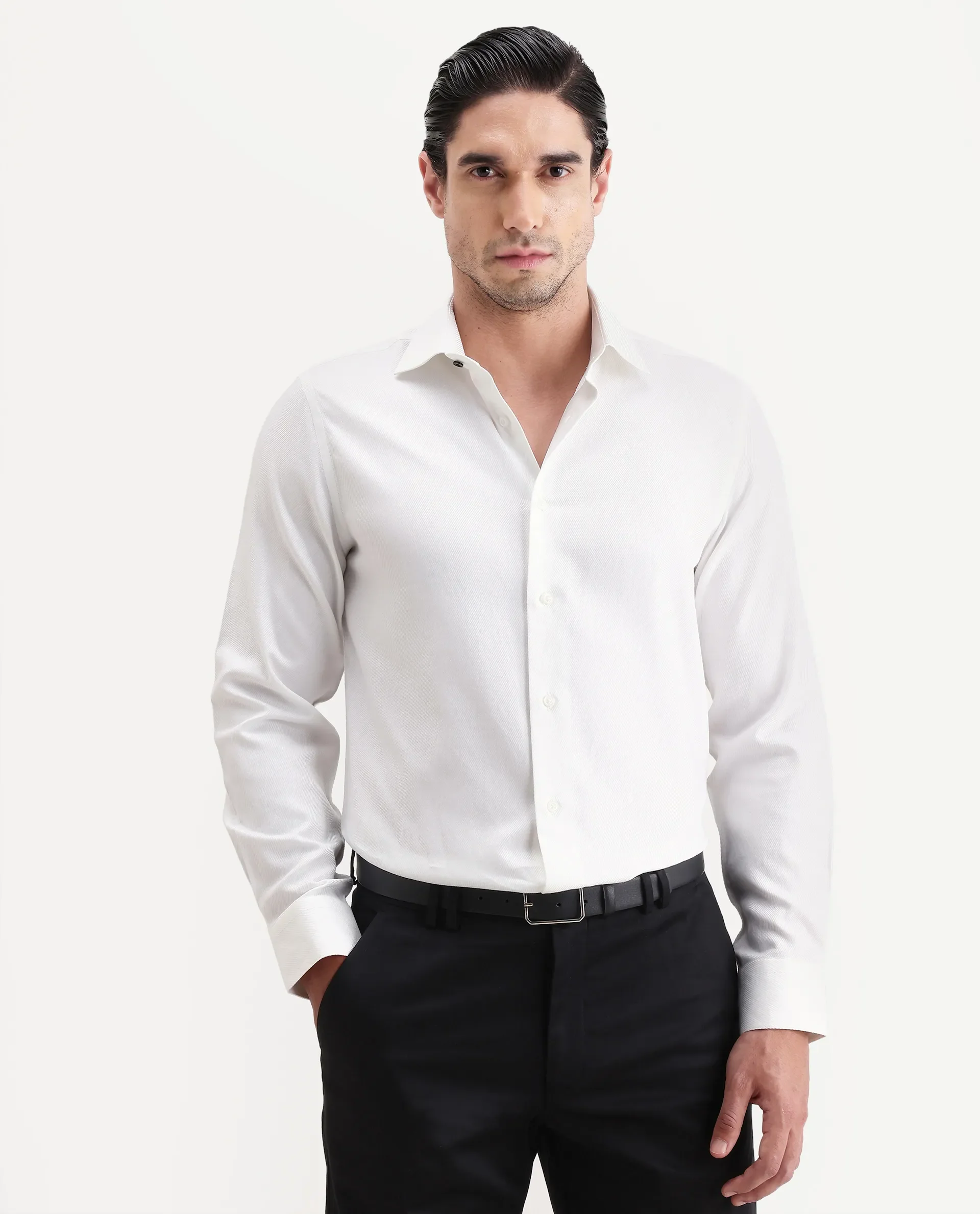 Rare Rabbit Men's Civo White Cotton Fabric Full Sleeve Spread Collar Button Regular Plain Shirt - Image 4