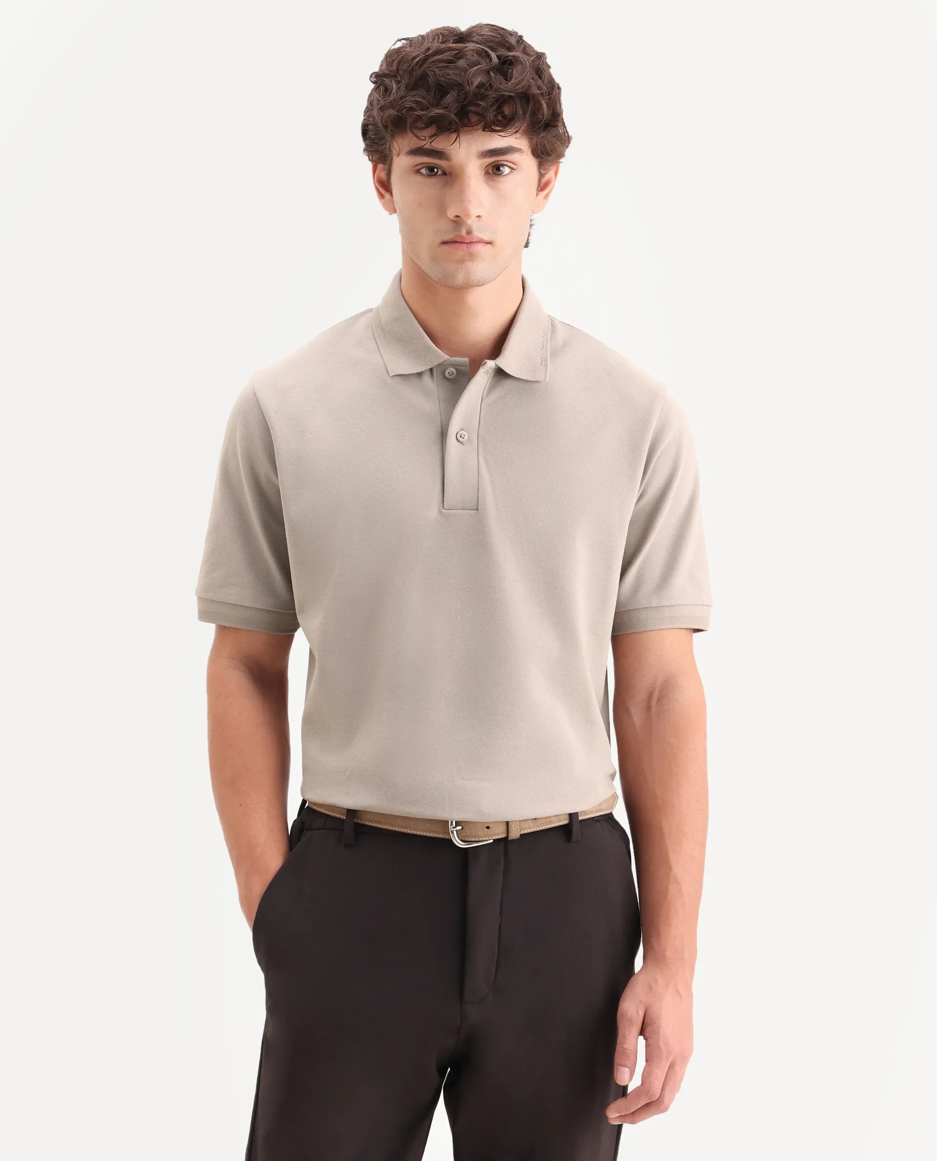 Rare Rabbit Men's Clak Beige Cotton Blend Fabric Half Sleeve Spread Collar Regular Fit Plain Polo