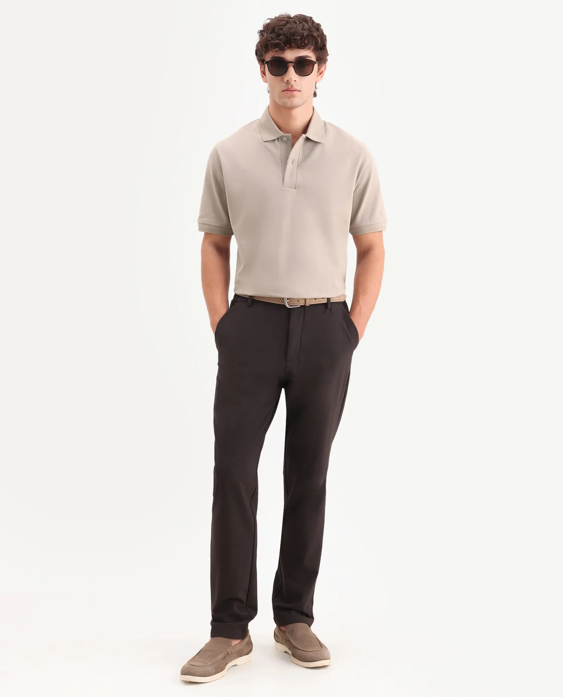 Rare Rabbit Men's Clak Beige Cotton Blend Fabric Half Sleeve Spread Collar Regular Fit Plain Polo - Image 2