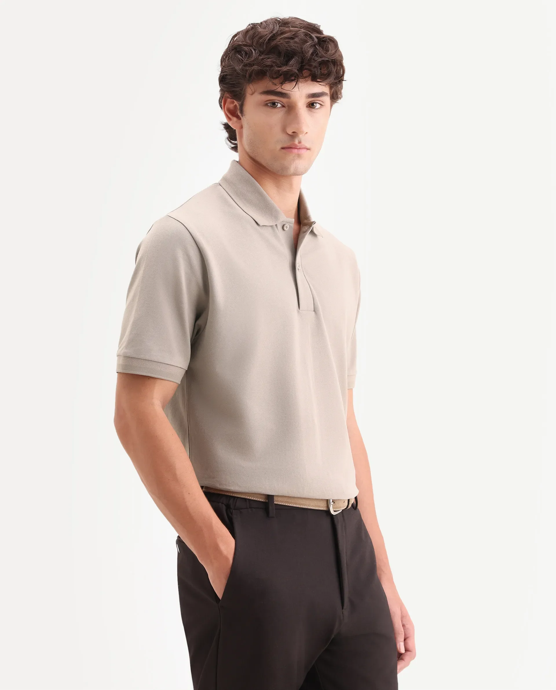 Rare Rabbit Men's Clak Beige Cotton Blend Fabric Half Sleeve Spread Collar Regular Fit Plain Polo - Image 4