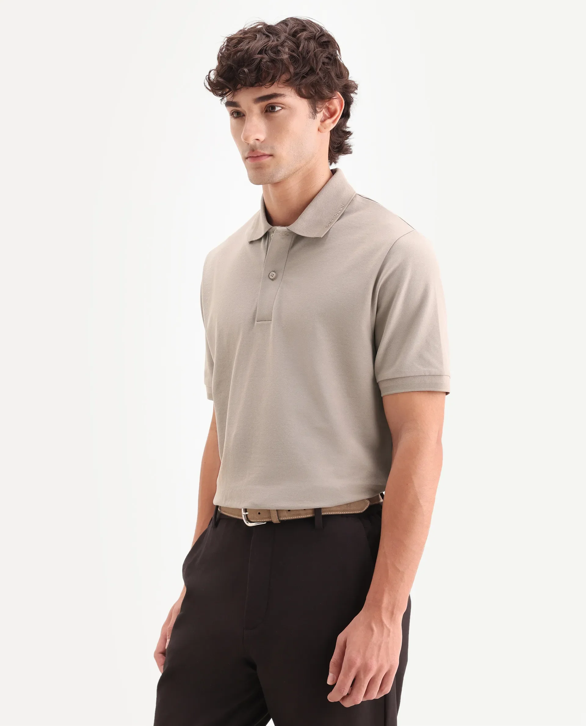 Rare Rabbit Men's Clak Beige Cotton Blend Fabric Half Sleeve Spread Collar Regular Fit Plain Polo - Image 5