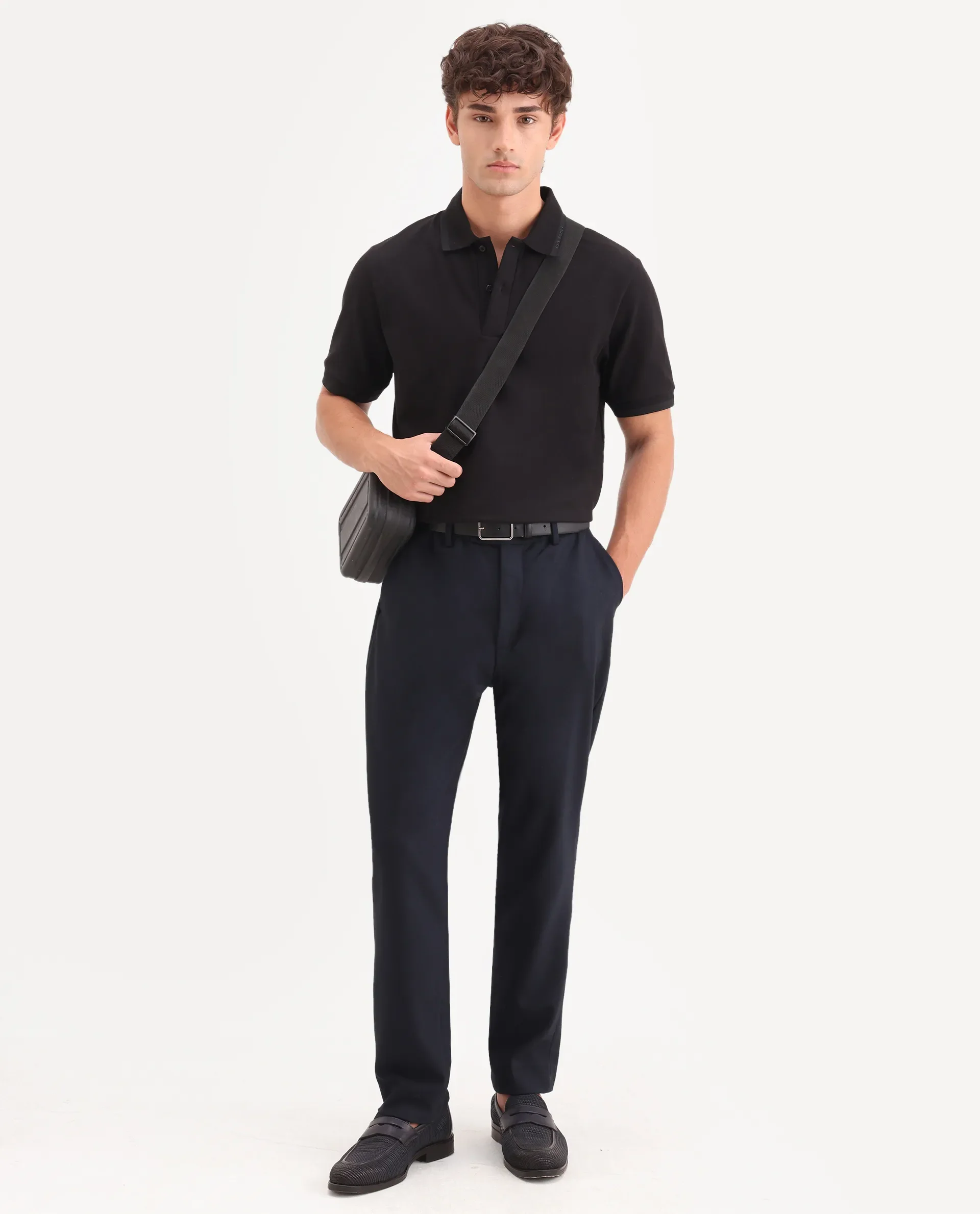Rare Rabbit Men's Clak Black Cotton Blend Fabric Half Sleeve Spread Collar Regular Fit Plain Polo - Image 2