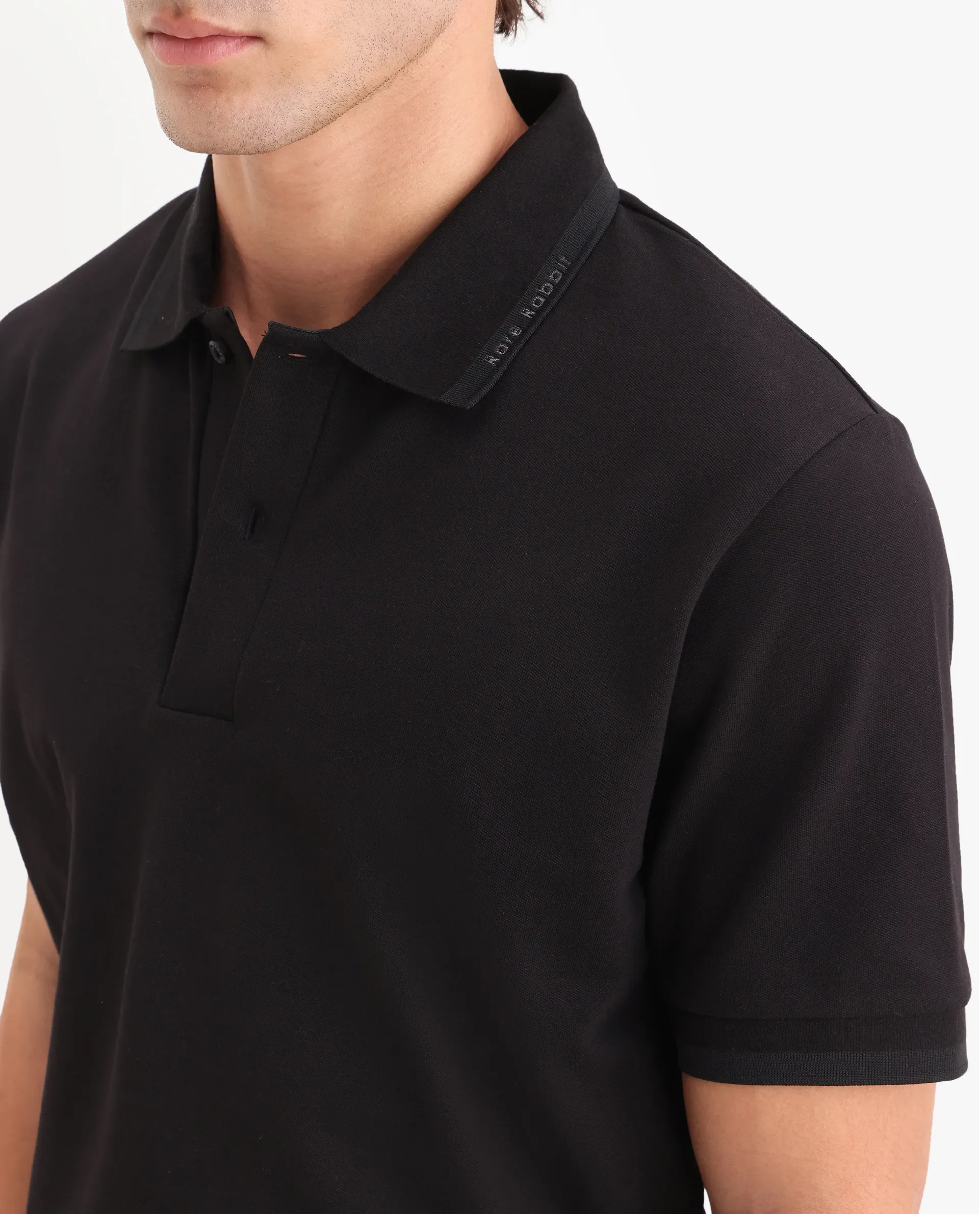 Rare Rabbit Men's Clak Black Cotton Blend Fabric Half Sleeve Spread Collar Regular Fit Plain Polo - Image 3