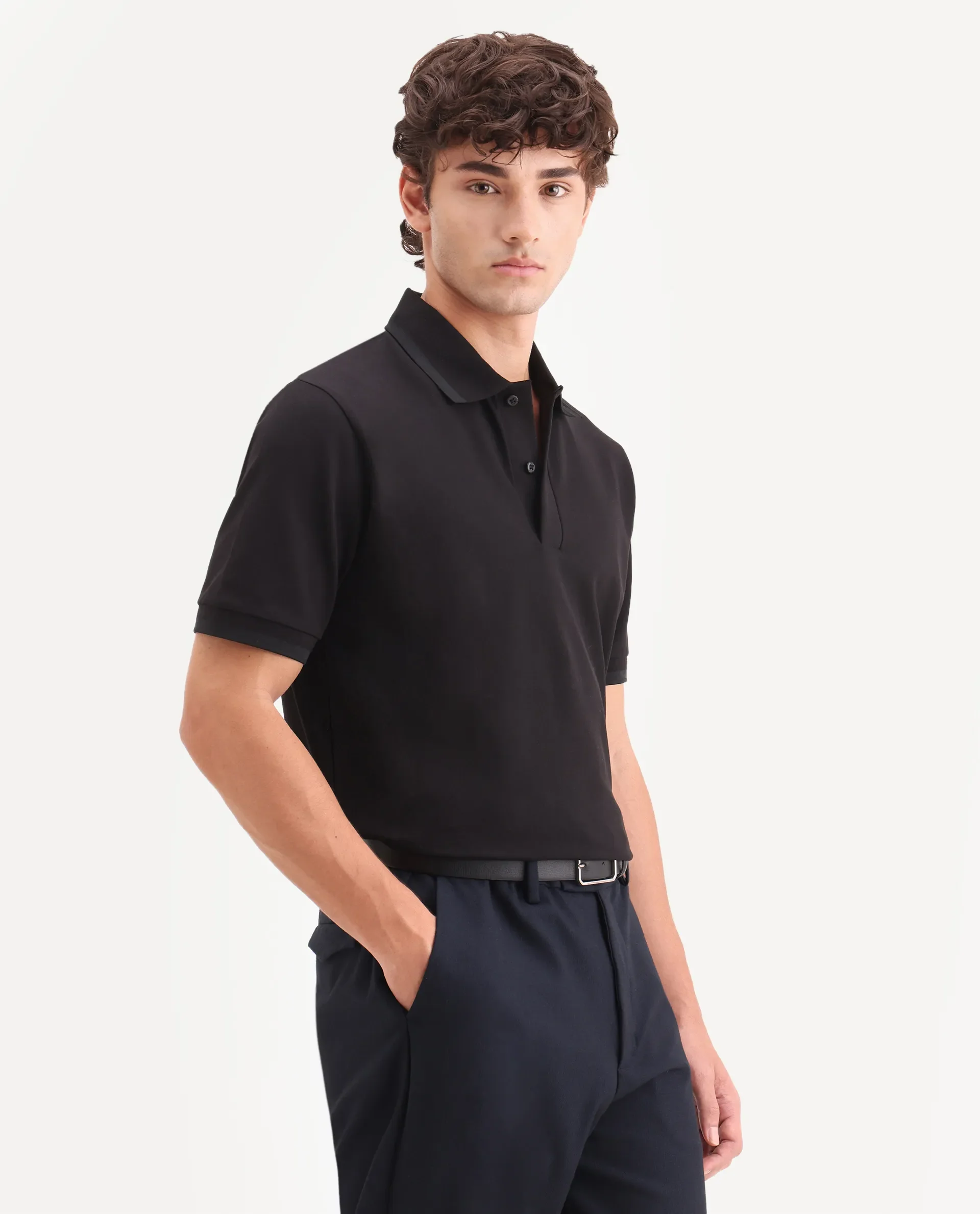Rare Rabbit Men's Clak Black Cotton Blend Fabric Half Sleeve Spread Collar Regular Fit Plain Polo - Image 4