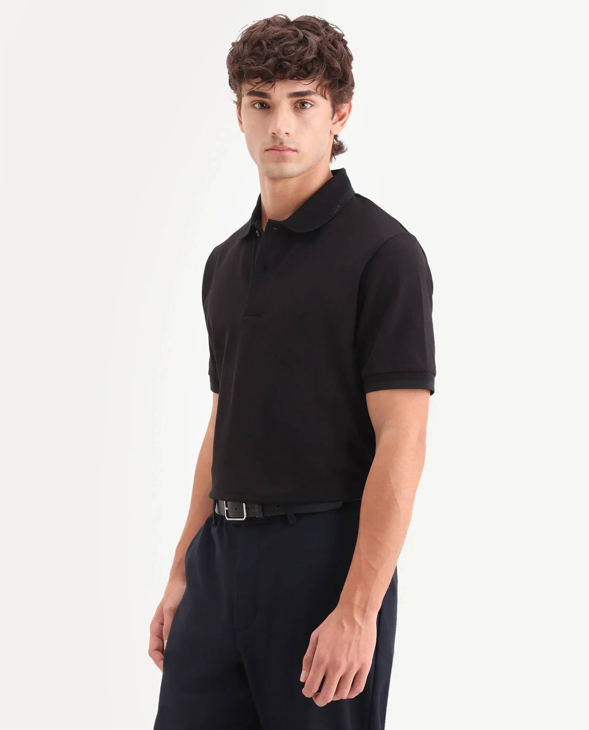Rare Rabbit Men's Clak Black Cotton Blend Fabric Half Sleeve Spread Collar Regular Fit Plain Polo - Image 5