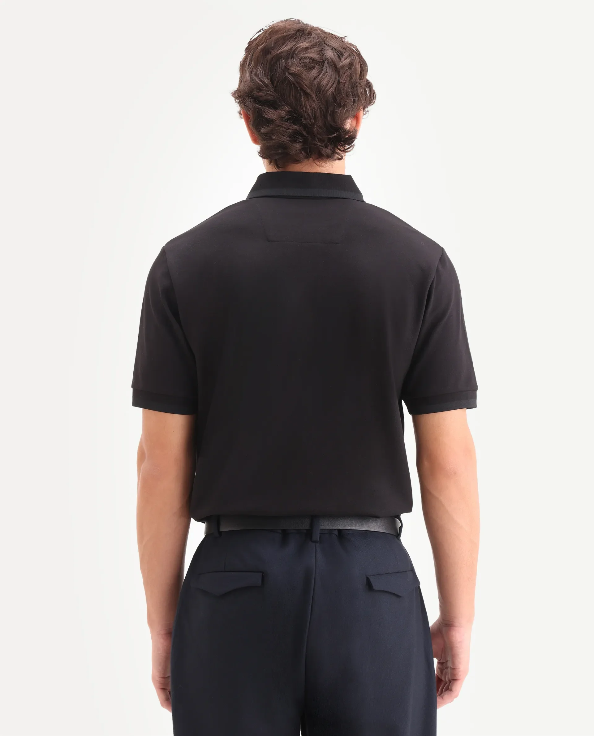 Rare Rabbit Men's Clak Black Cotton Blend Fabric Half Sleeve Spread Collar Regular Fit Plain Polo - Image 6