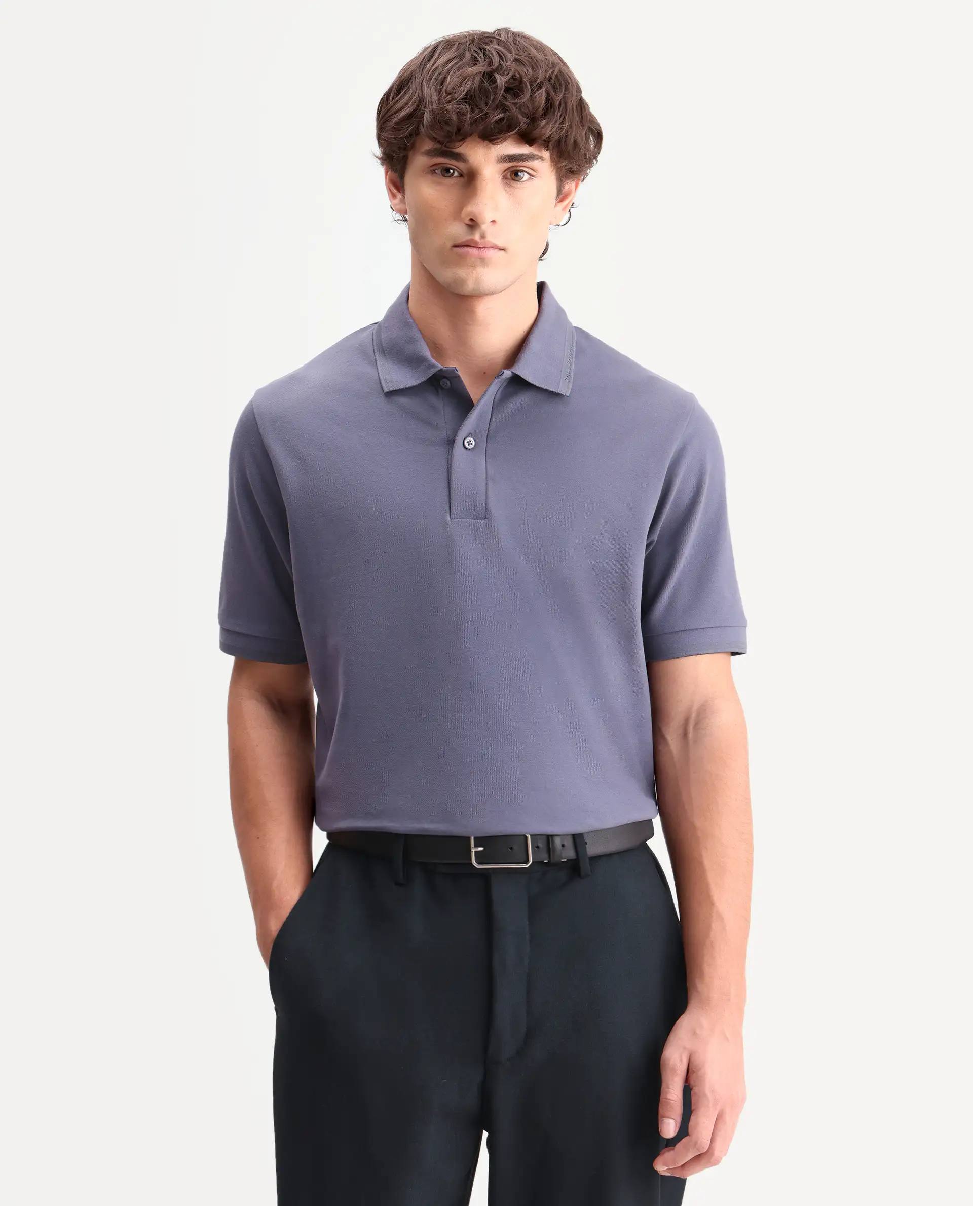 Rare Rabbit Men's Clak Dark Purple Cotton Blend Fabric Half Sleeve Spread Collar Regular Fit Plain Polo - Image 4