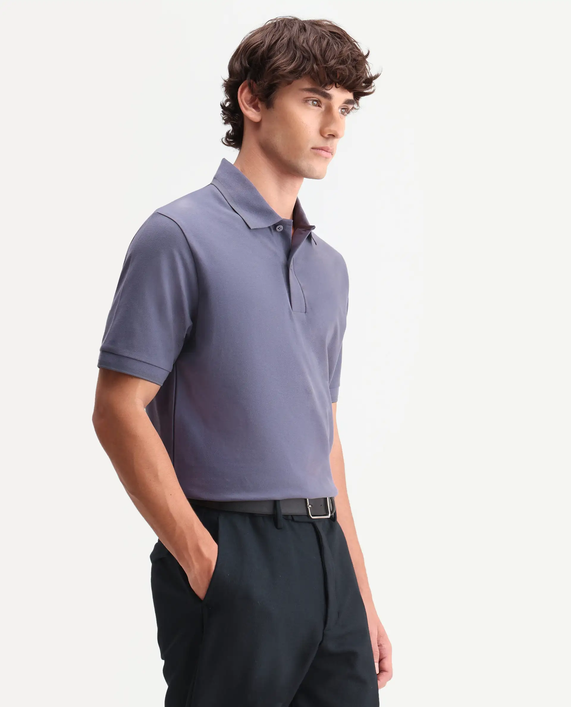 Rare Rabbit Men's Clak Dark Purple Cotton Blend Fabric Half Sleeve Spread Collar Regular Fit Plain Polo - Image 5