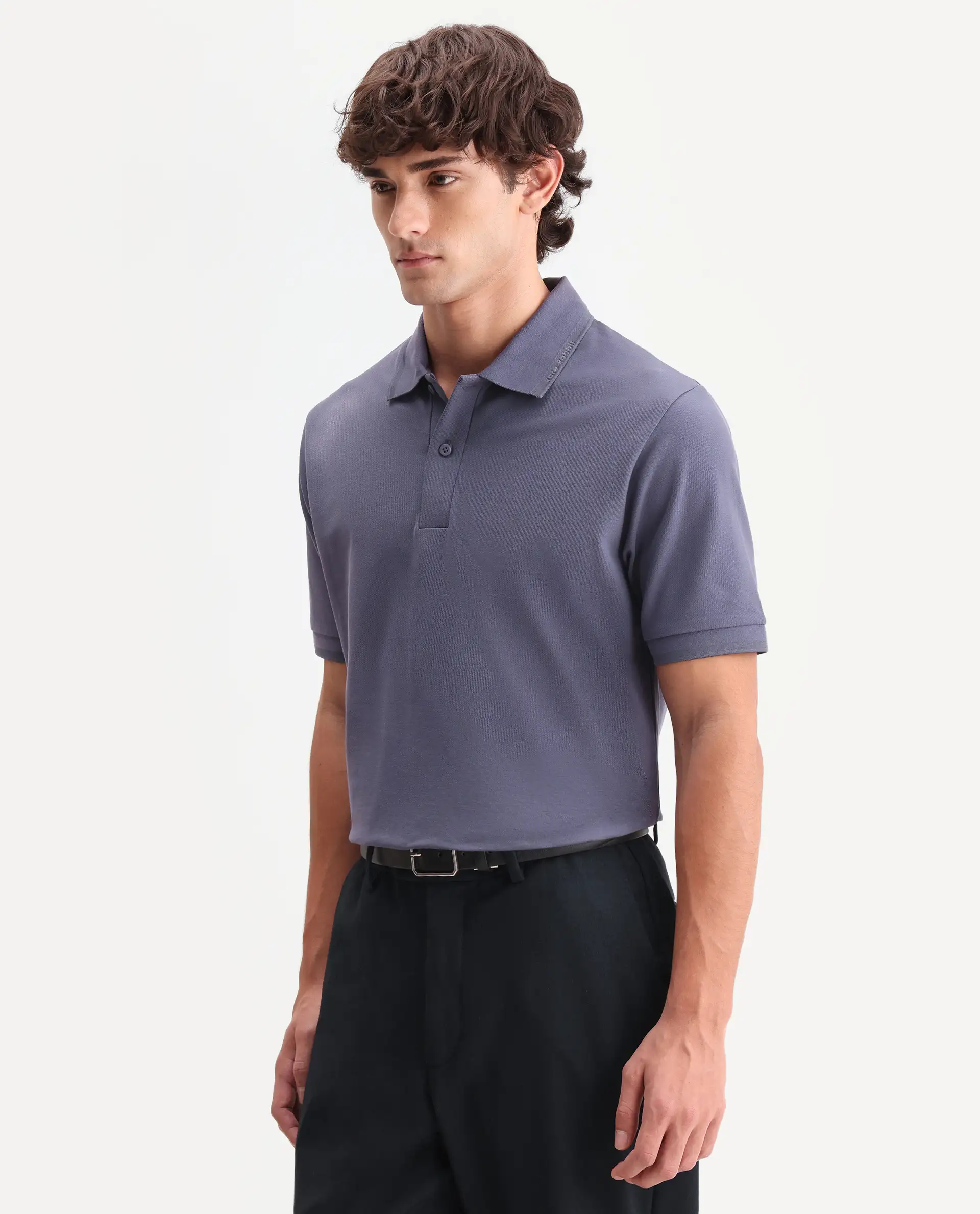 Rare Rabbit Men's Clak Dark Purple Cotton Blend Fabric Half Sleeve Spread Collar Regular Fit Plain Polo - Image 6