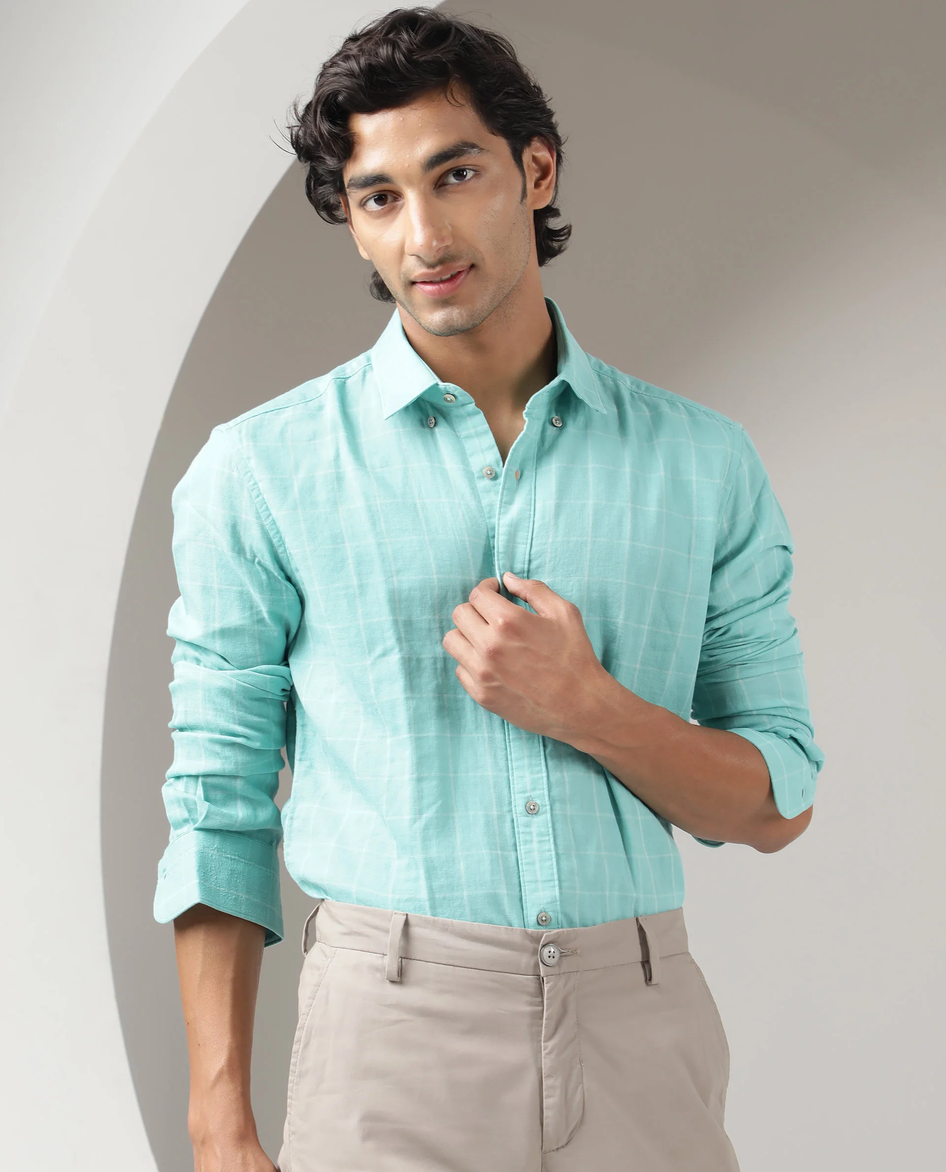 Rare Rabbit Men's Clara Turq Viscose Checked Print Regular Fit Full Sleeve Collared Shirt - Image 5