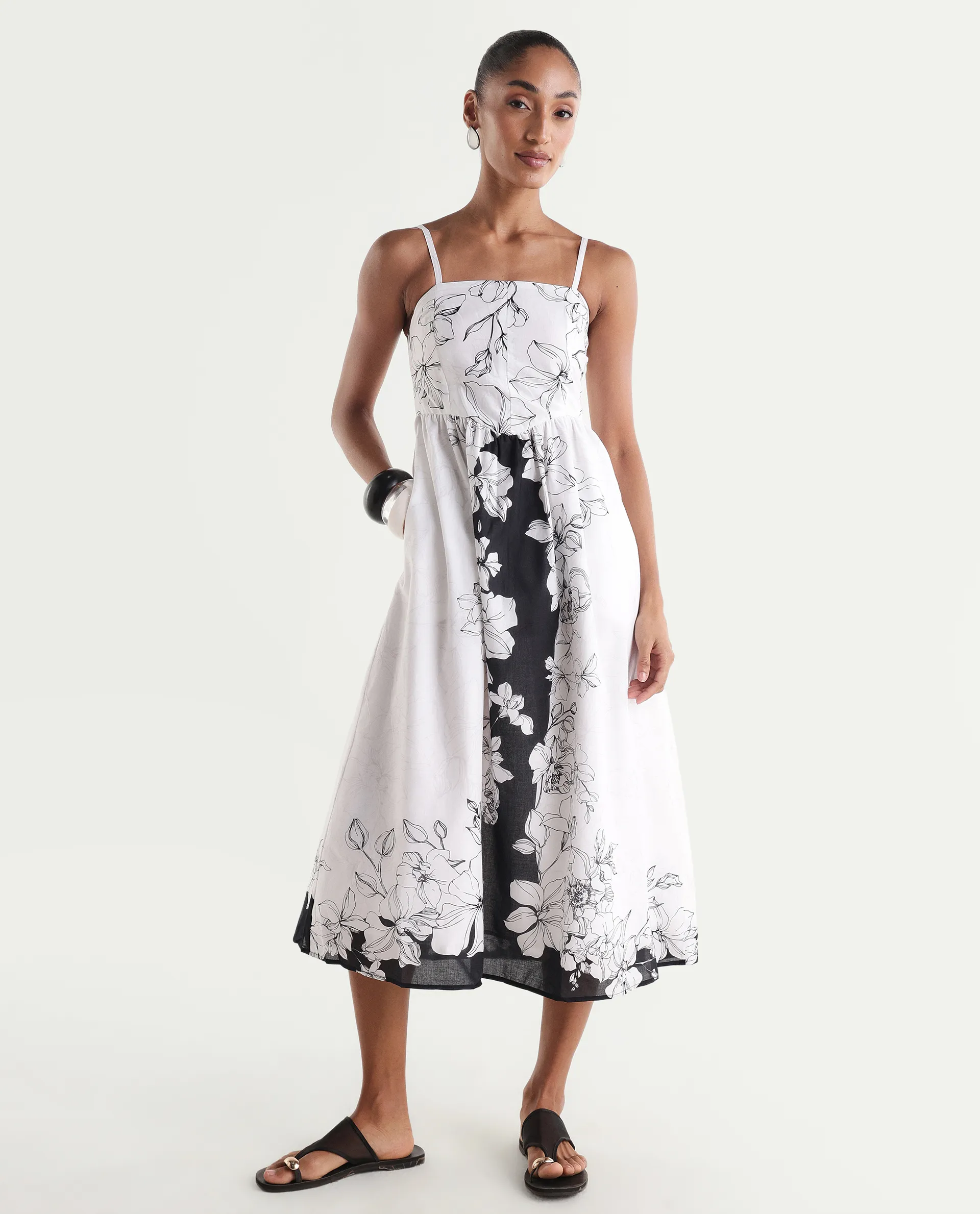 Rareism Women's Clara White Cotton Sleeveless Fit And Flare Floral Print Dress - Image 3