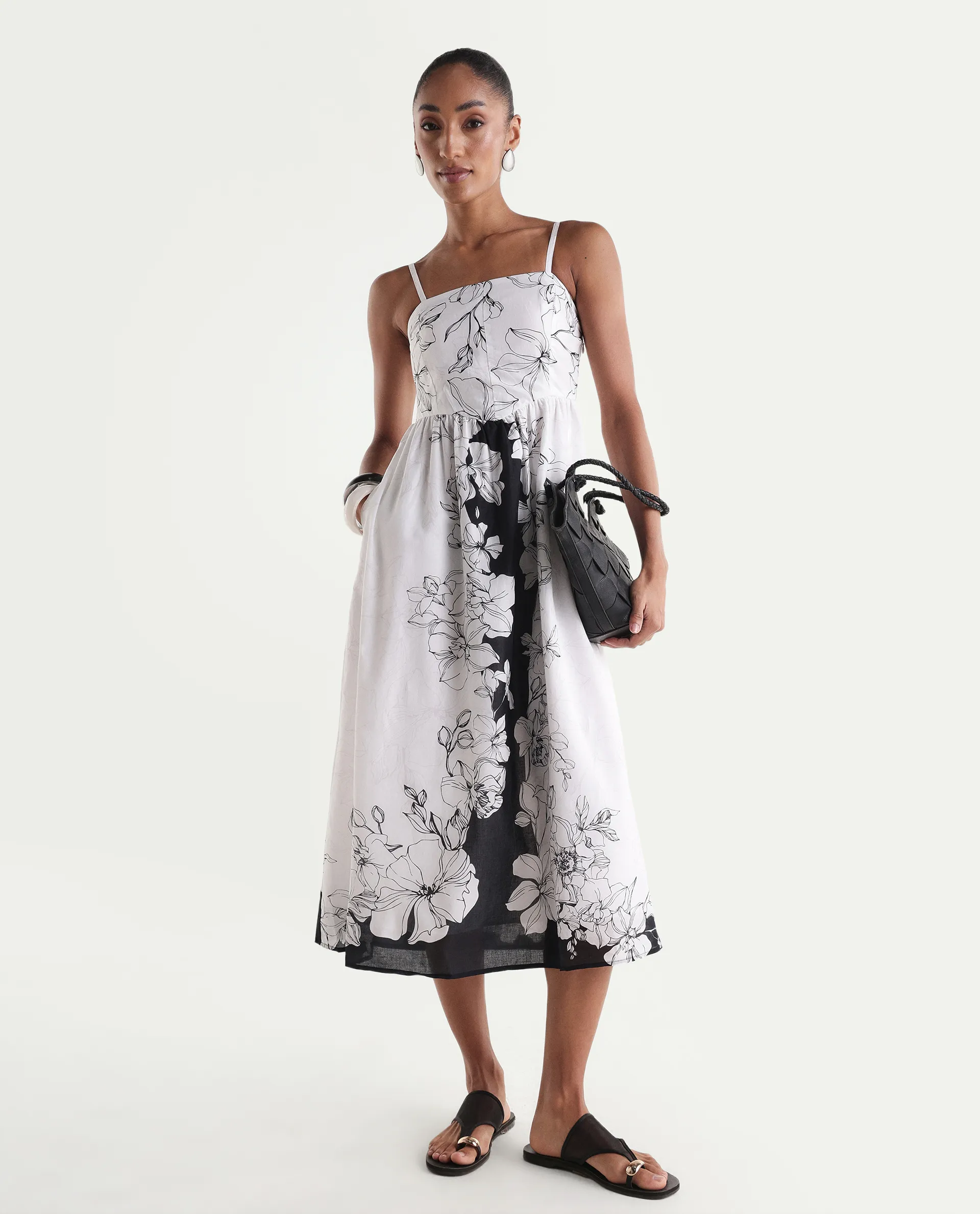 Rareism Women's Clara White Cotton Sleeveless Fit And Flare Floral Print Dress - Image 5