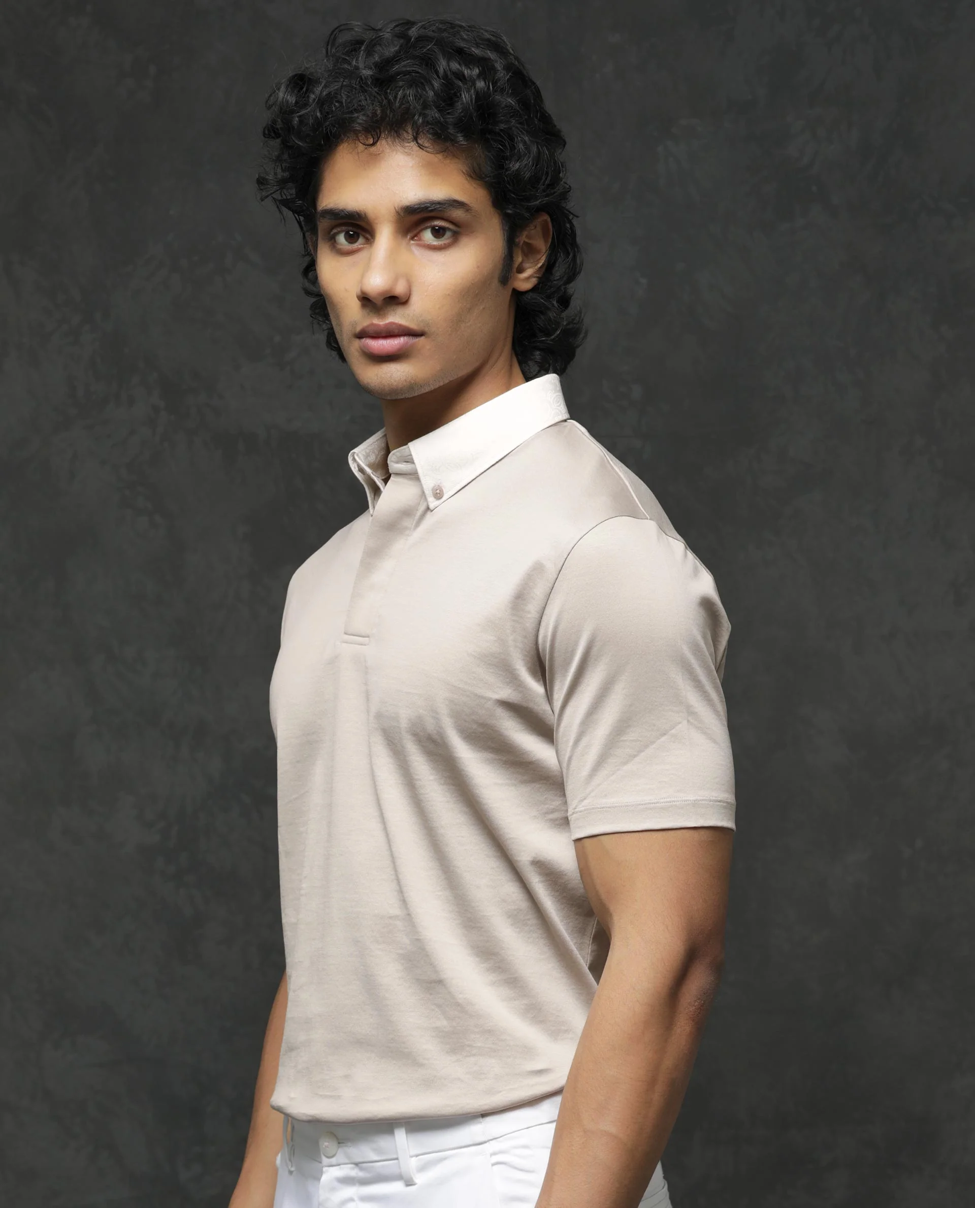 Rare Rabbit Men's Clarance Beige Cotton Plain Regular Fit Half Sleeve Polo - Image 3
