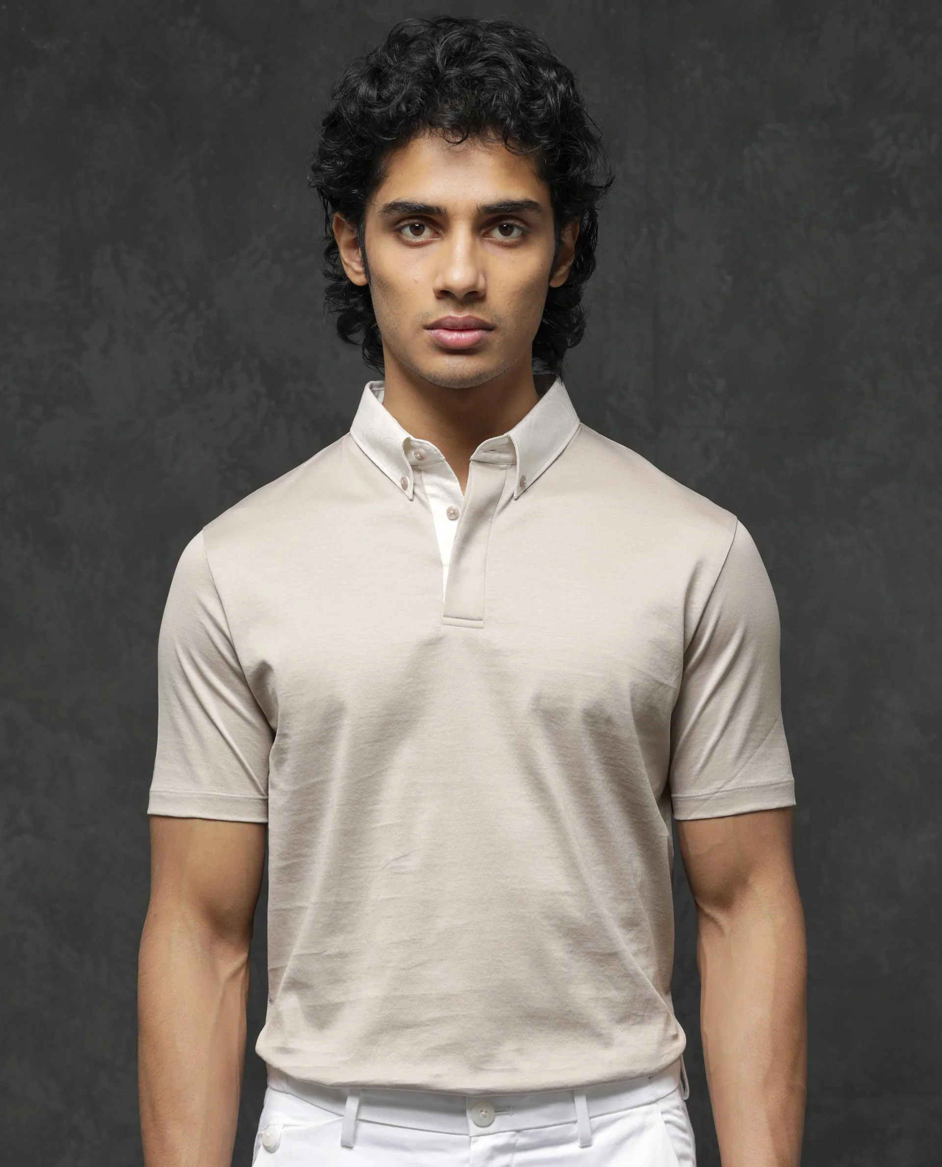 Rare Rabbit Men's Clarance Beige Cotton Plain Regular Fit Half Sleeve Polo - Image 7