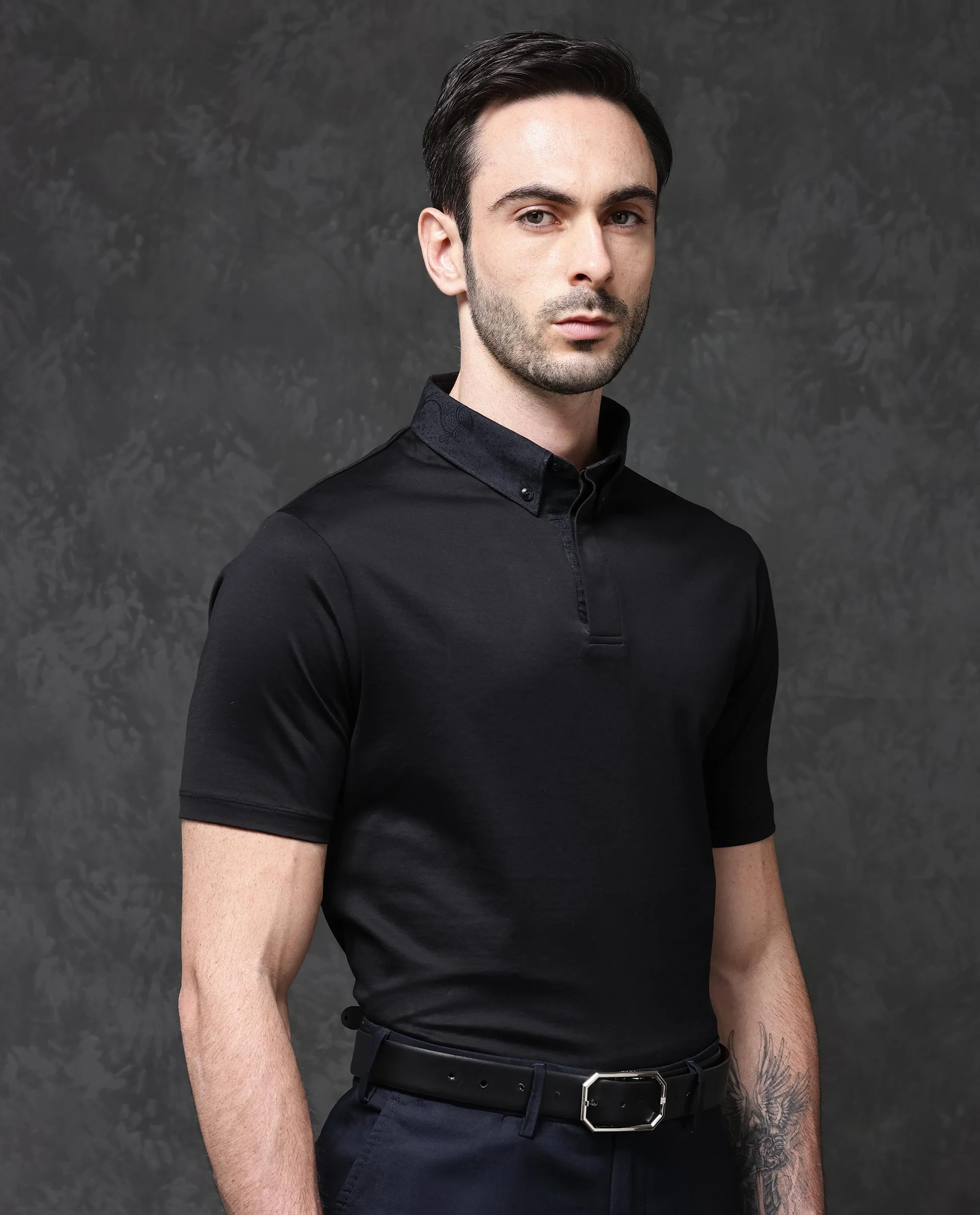 Rare Rabbit Men's Guild Casual Clarance Black Cotton Plain Regular Fit Half Sleeve Polo - Image 4