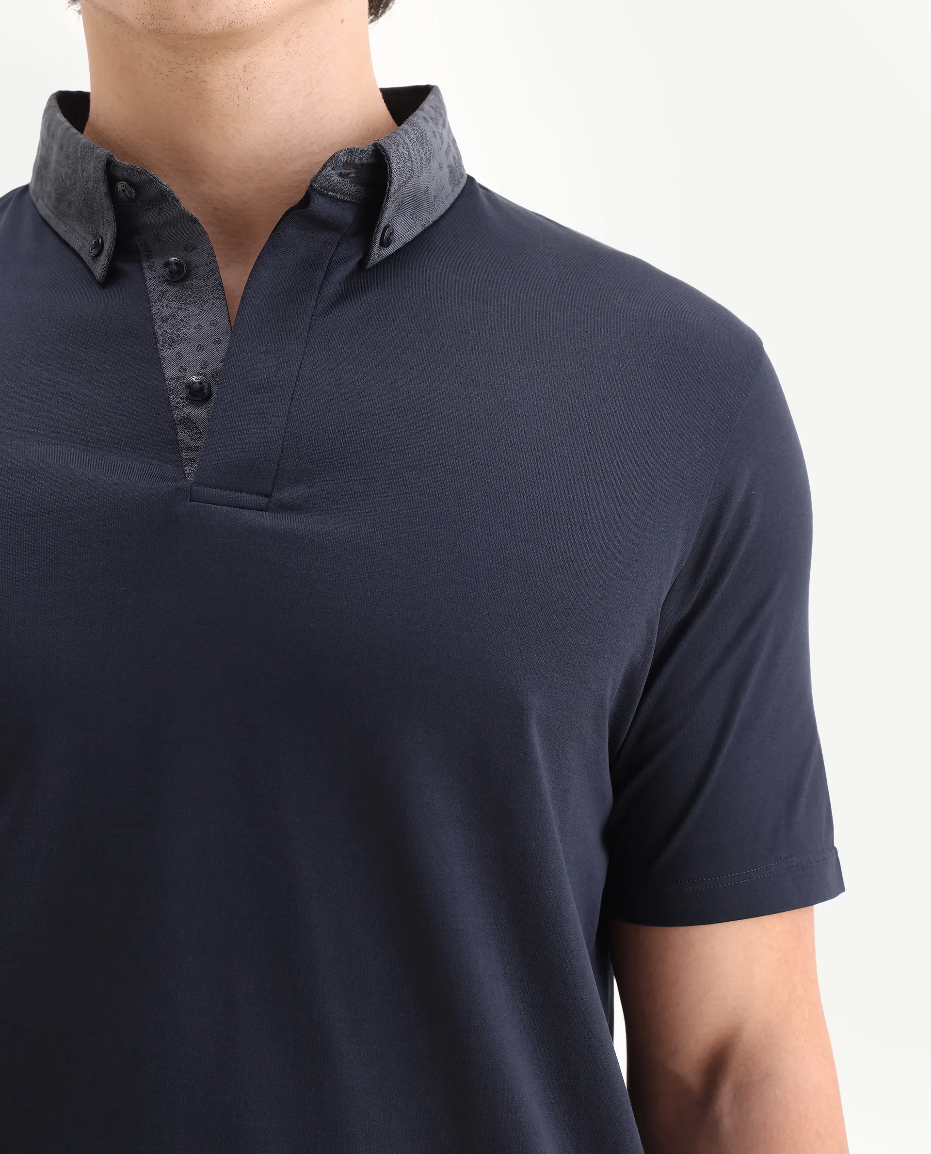 Rare Rabbit Men's Clarance Dusky Navy Cotton Plain Regular Fit Half Sleeve Polo - Image 3