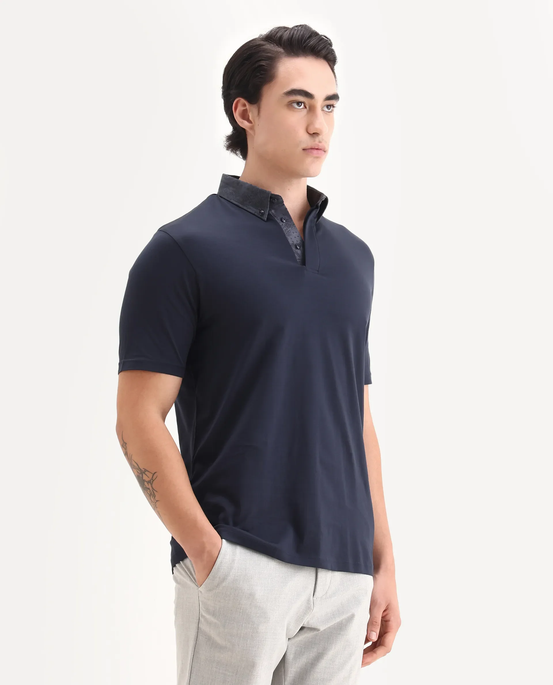 Rare Rabbit Men's Clarance Dusky Navy Cotton Plain Regular Fit Half Sleeve Polo - Image 4