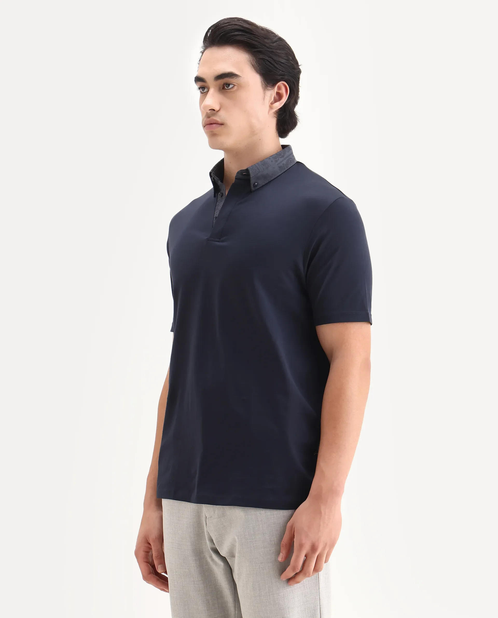 Rare Rabbit Men's Clarance Dusky Navy Cotton Plain Regular Fit Half Sleeve Polo - Image 5