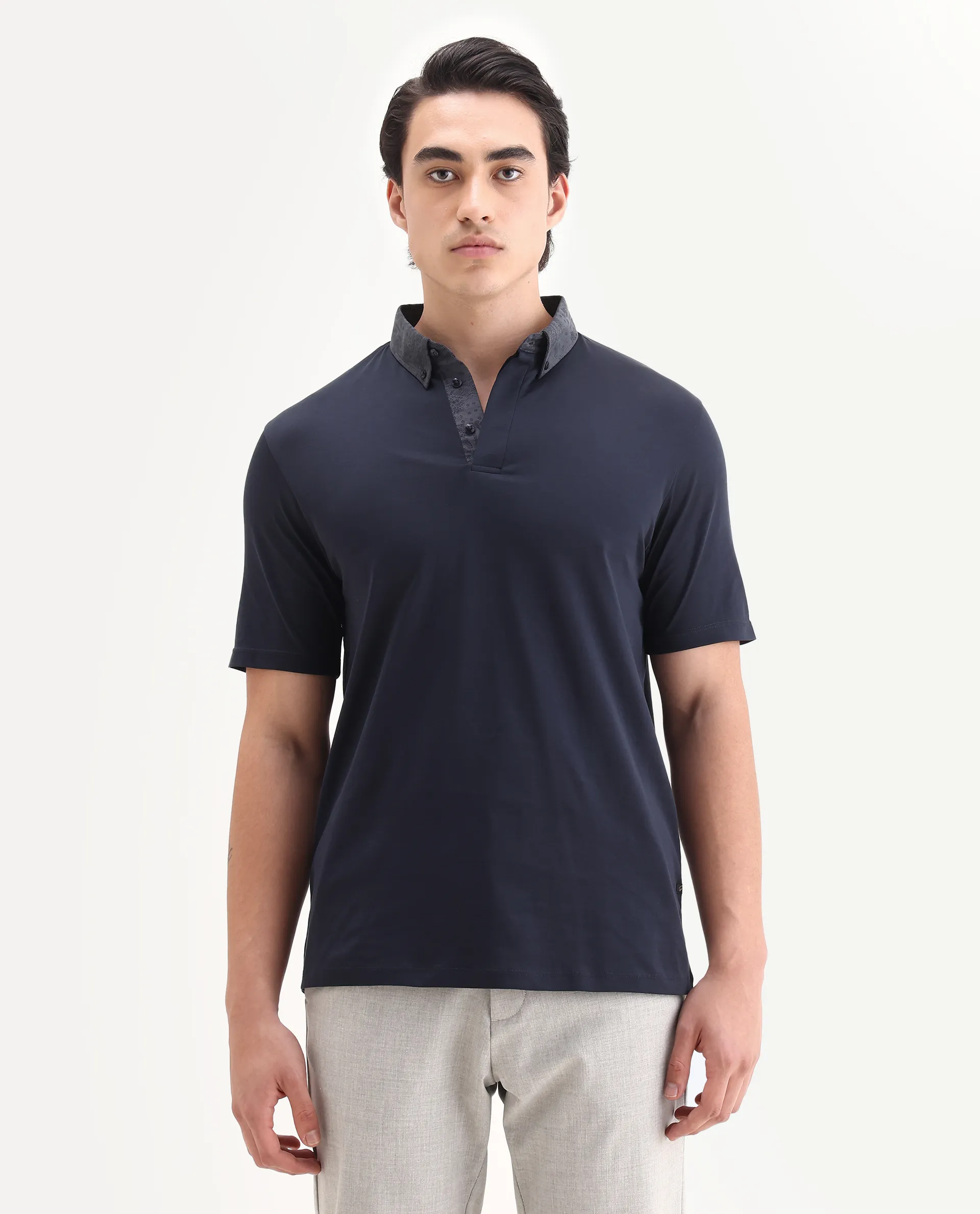 Rare Rabbit Men's Clarance Dusky Navy Cotton Plain Regular Fit Half Sleeve Polo - Image 6