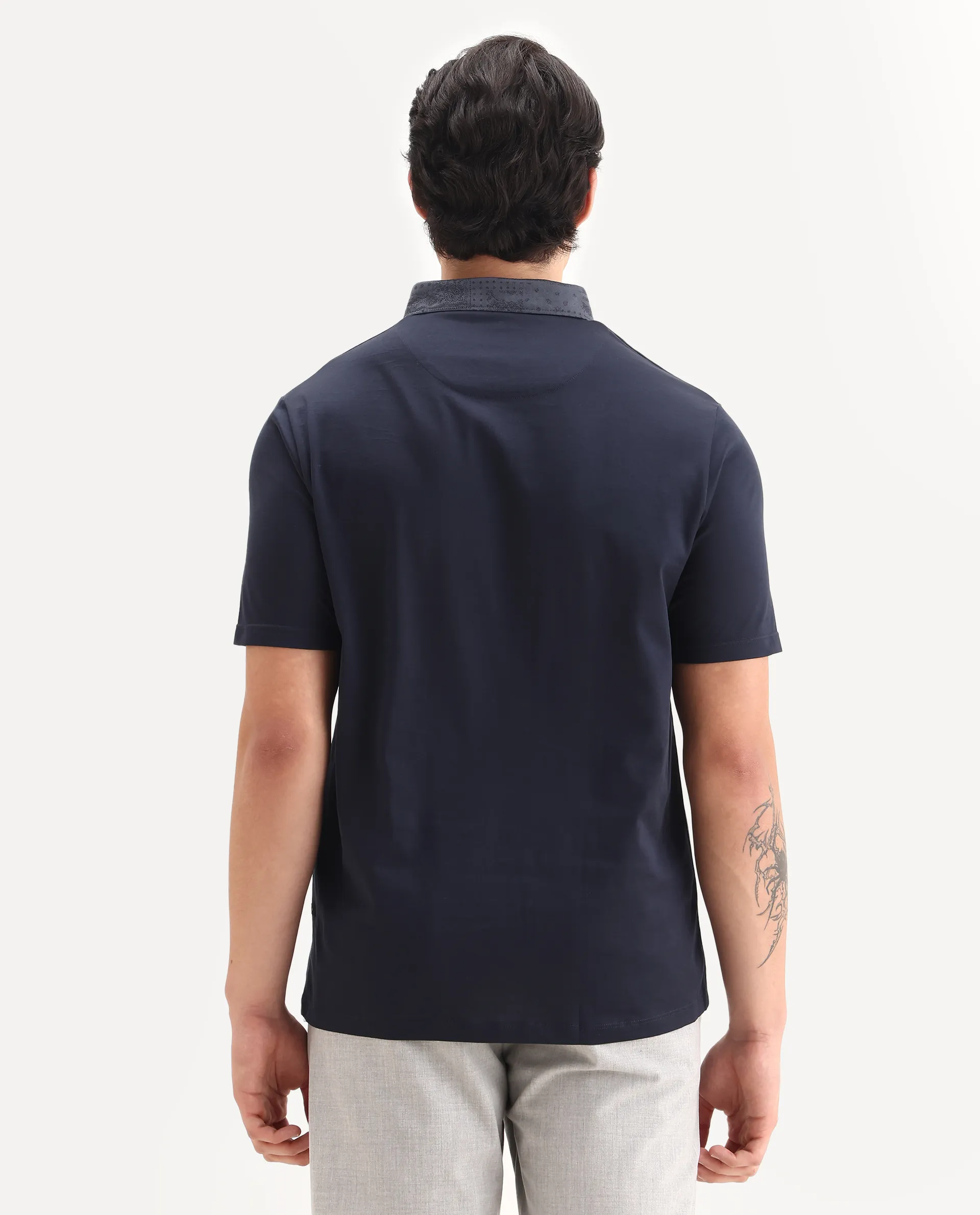 Rare Rabbit Men's Clarance Dusky Navy Cotton Plain Regular Fit Half Sleeve Polo - Image 7