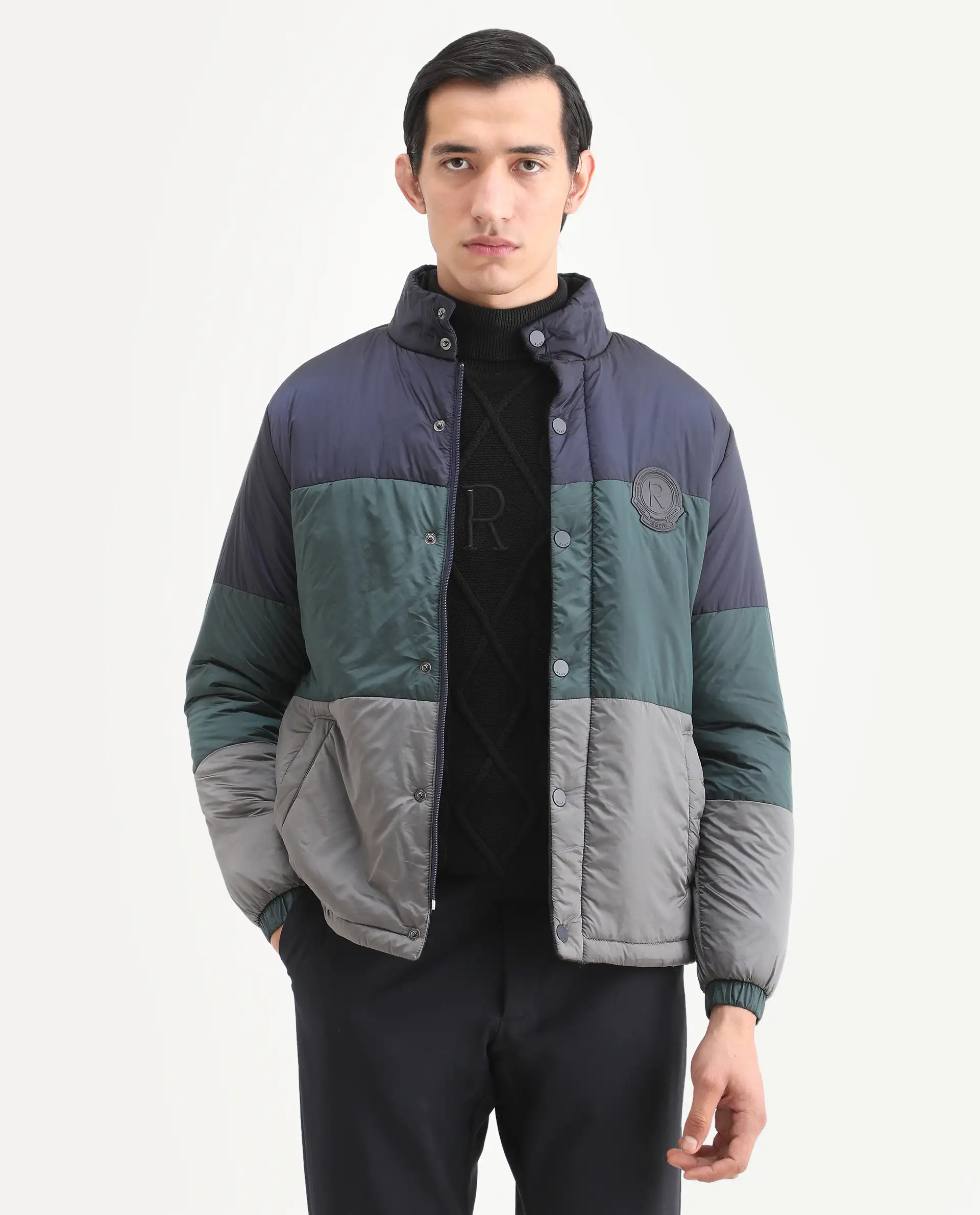 Rare Rabbit Men's Clare Navy Polyester Ombre Relaxed Fit Full Sleeve High Neck Jacket - Image 3