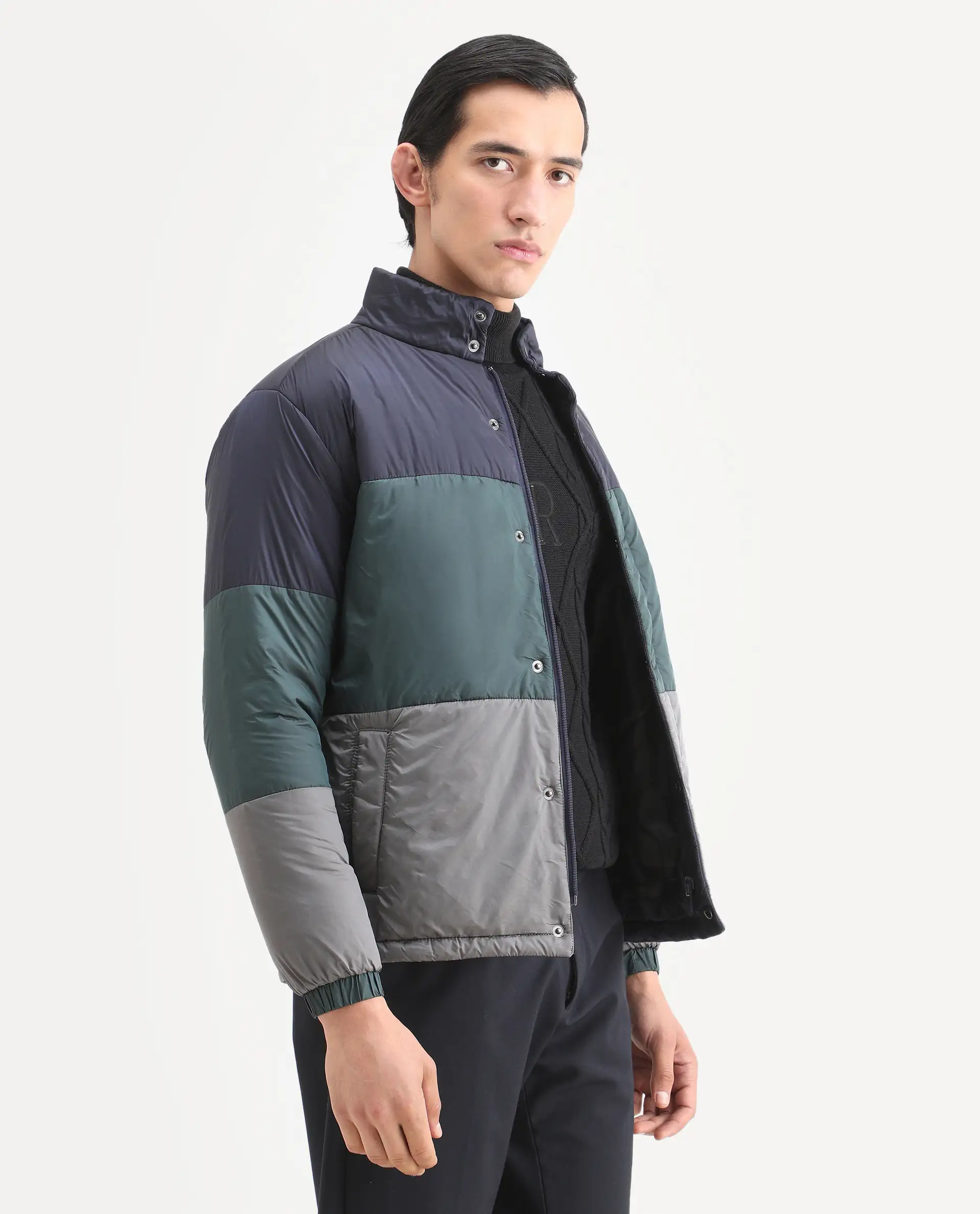 Rare Rabbit Men's Clare Navy Polyester Ombre Relaxed Fit Full Sleeve High Neck Jacket - Image 6