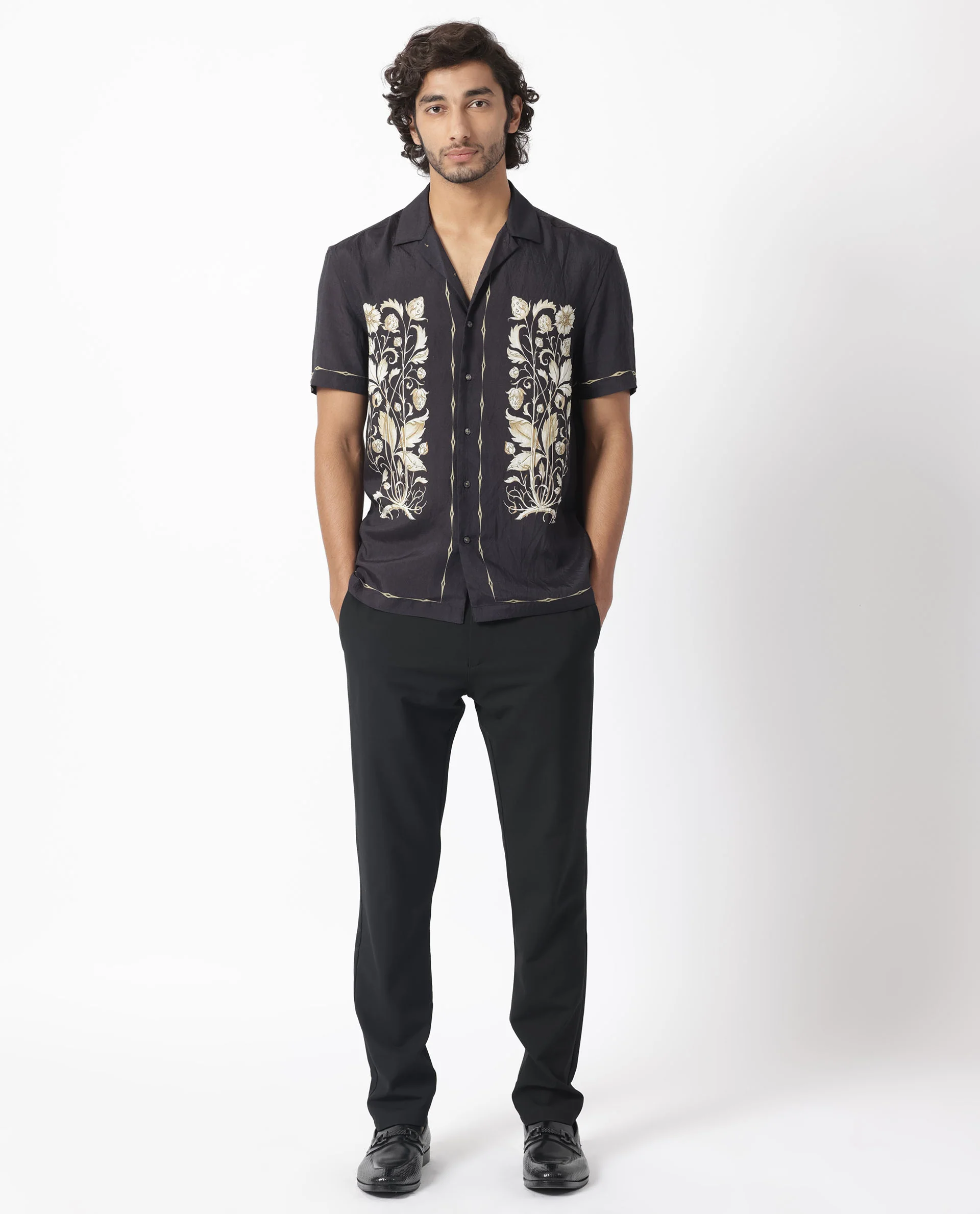 Rare Rabbit Men's Claren Dark Purple Viscose Floral Print Regular Fit Half Sleeve Cuban Collar Shirt - Image 2
