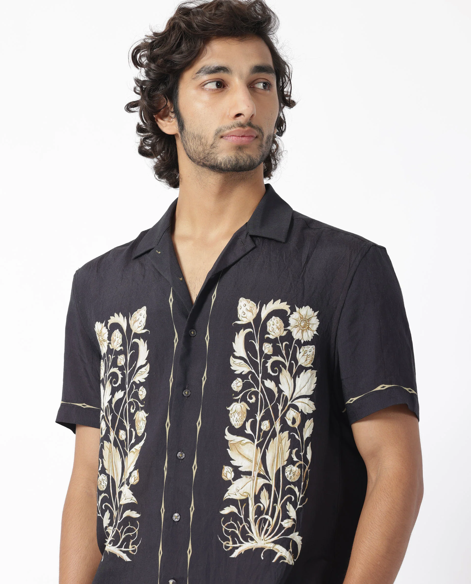 Rare Rabbit Men's Claren Dark Purple Viscose Floral Print Regular Fit Half Sleeve Cuban Collar Shirt - Image 3