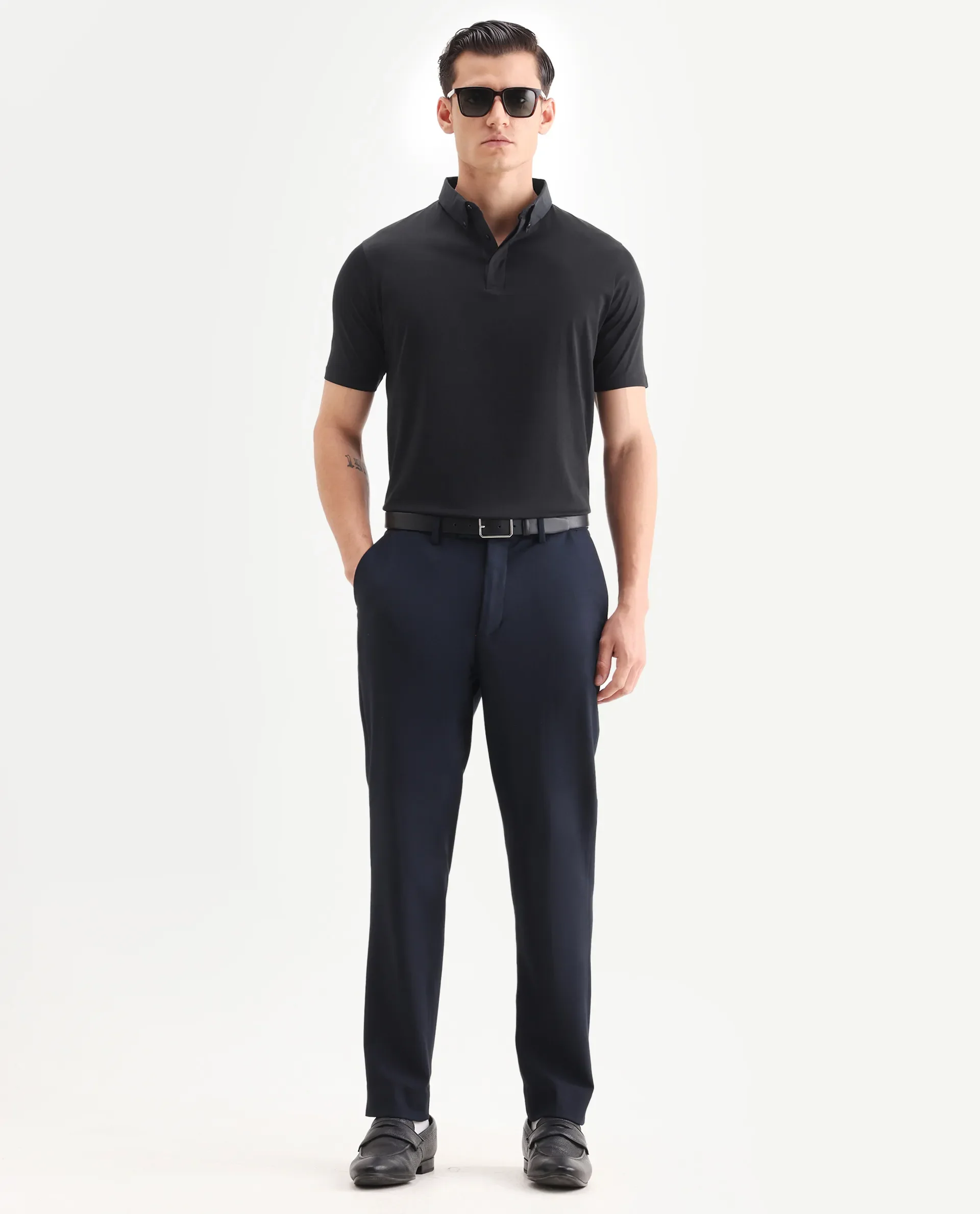 Rare Rabbit Men's Clarence-1 Black Cotton Plain Regular Fit Half Sleeve Polo - Image 2