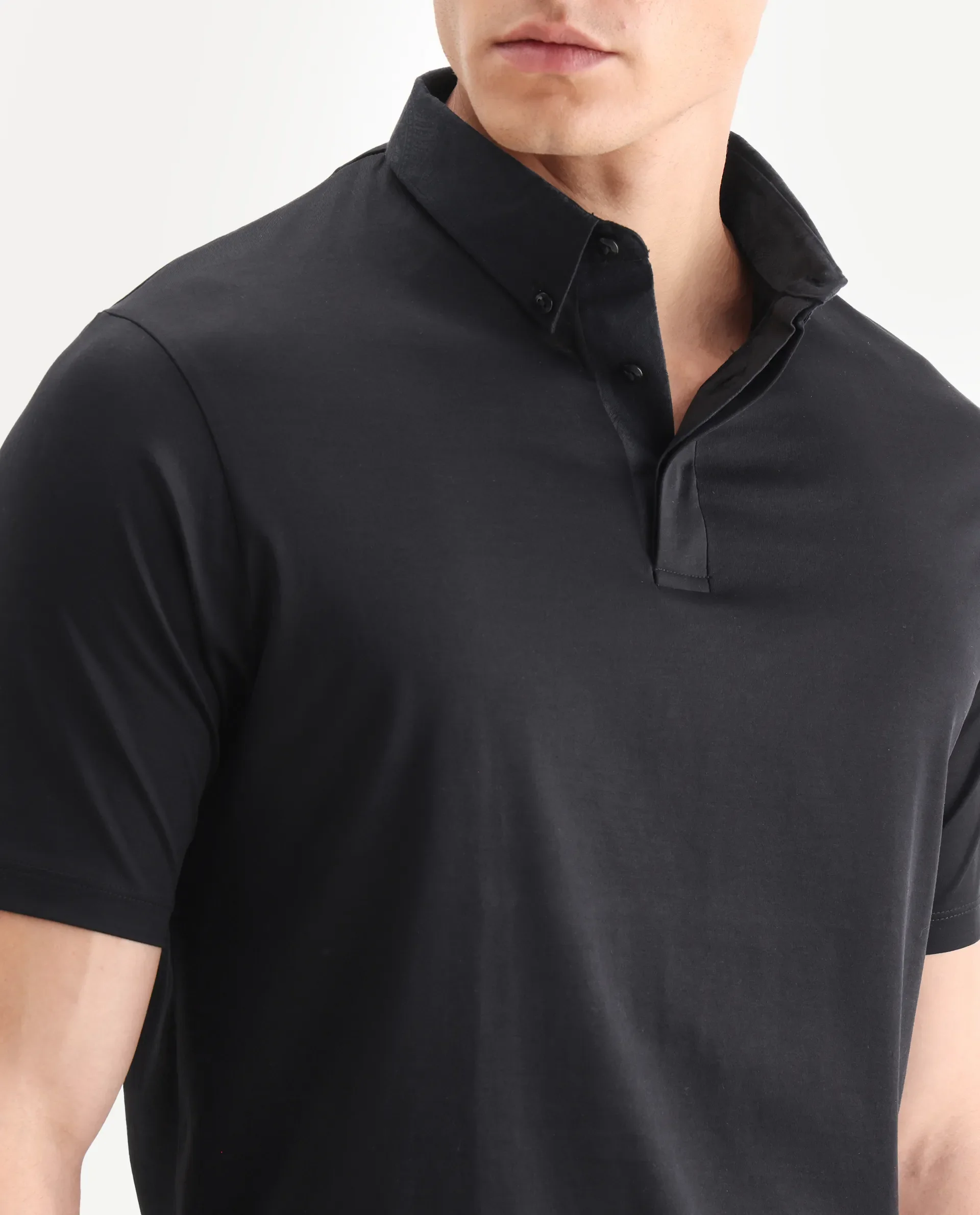 Rare Rabbit Men's Clarence-1 Black Cotton Plain Regular Fit Half Sleeve Polo - Image 3