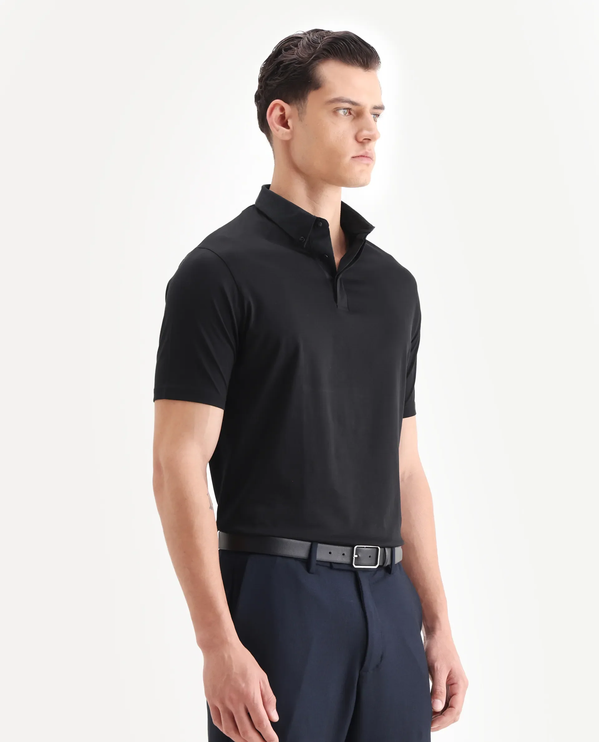 Rare Rabbit Men's Clarence-1 Black Cotton Plain Regular Fit Half Sleeve Polo - Image 4