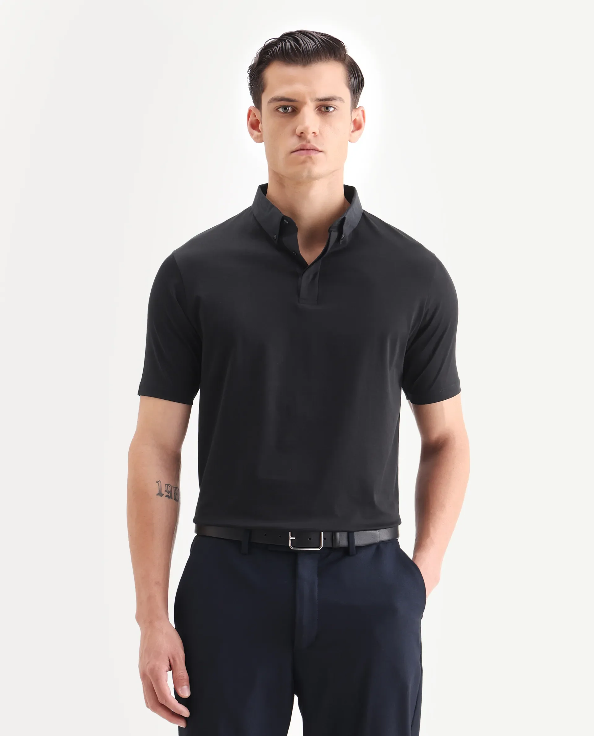 Rare Rabbit Men's Clarence-1 Black Cotton Plain Regular Fit Half Sleeve Polo - Image 5