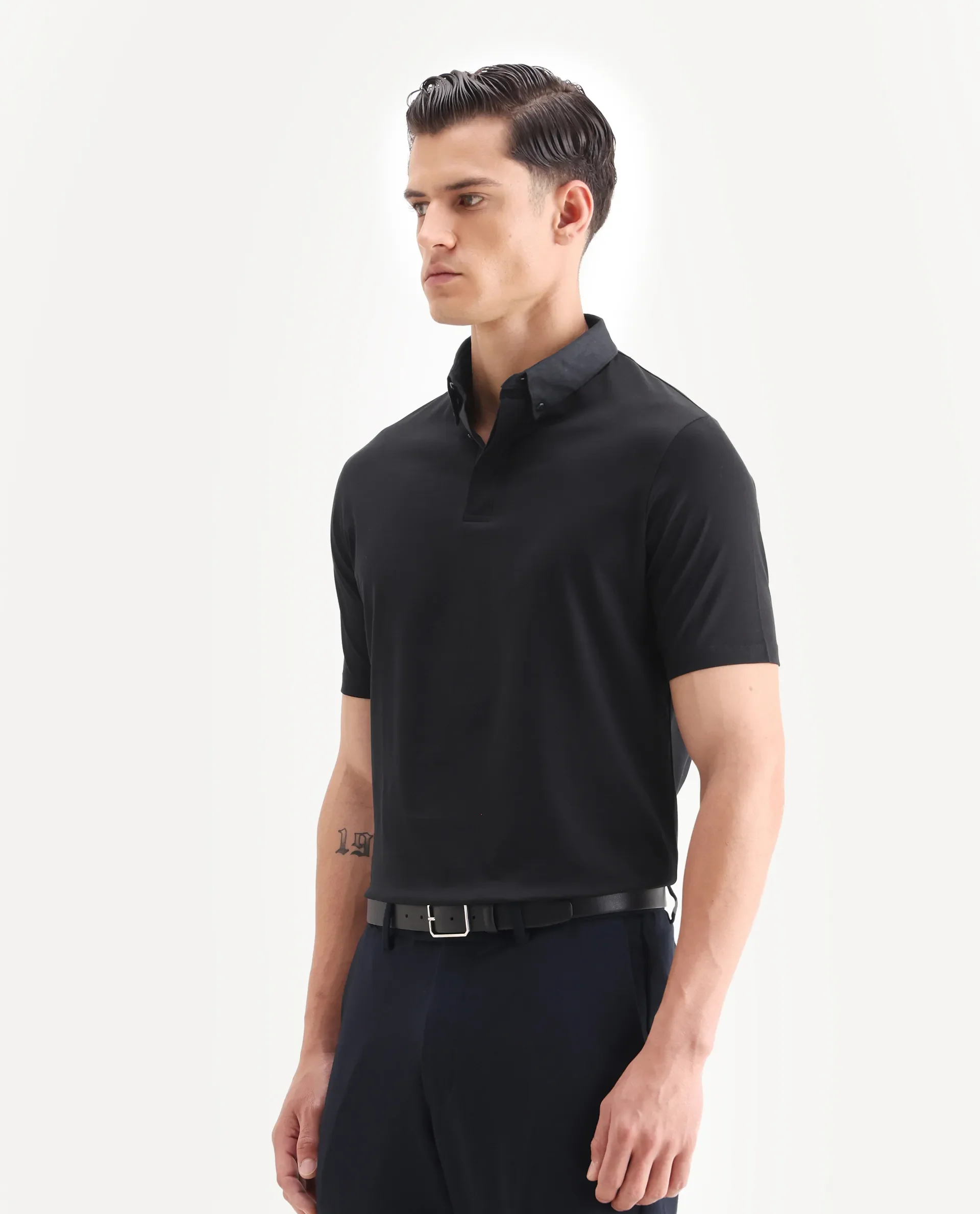 Rare Rabbit Men's Clarence-1 Black Cotton Plain Regular Fit Half Sleeve Polo - Image 6