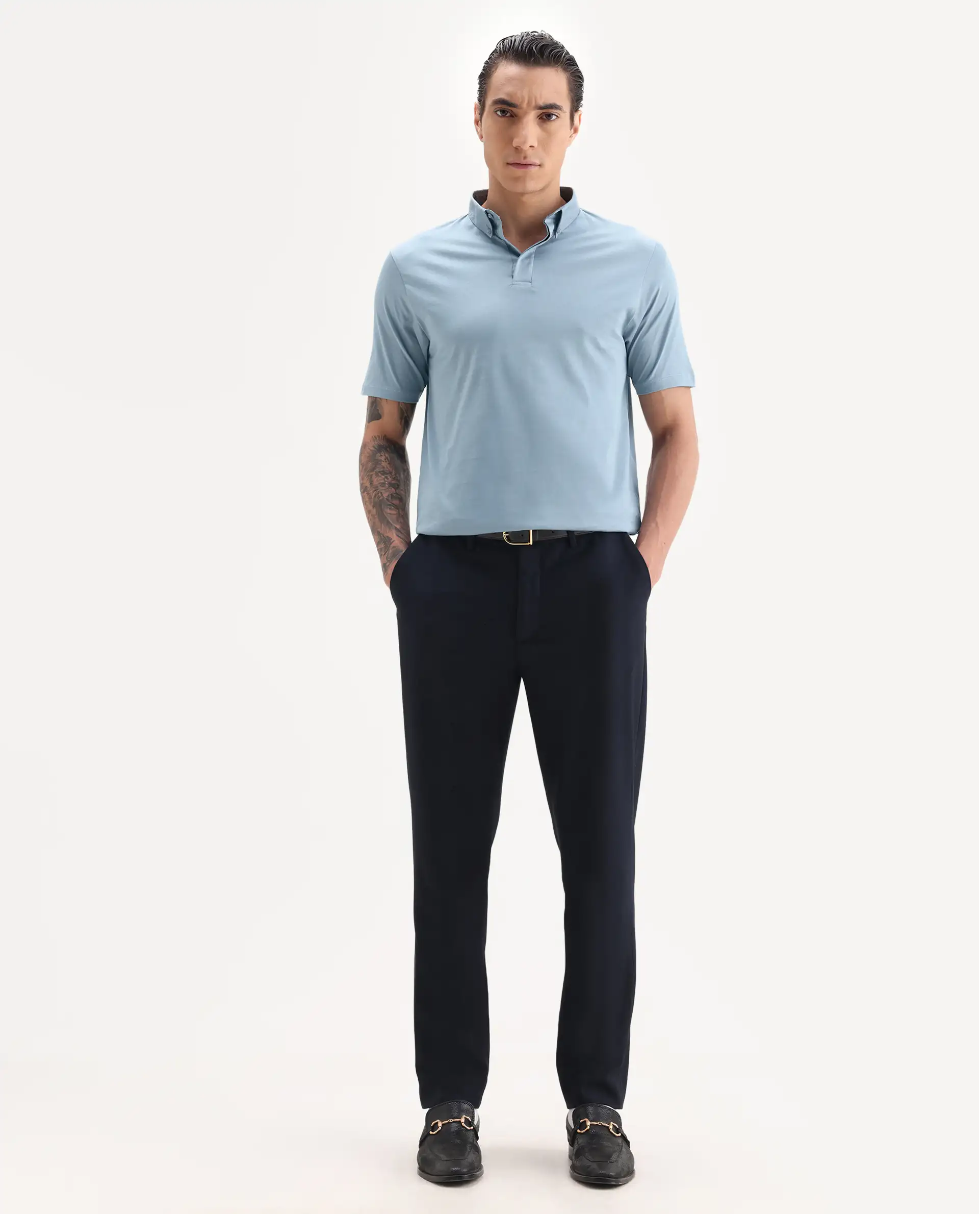 Rare Rabbit Men's Clarence-1 Dusky Blue Cotton Plain Regular Fit Half Sleeve Polo - Image 2