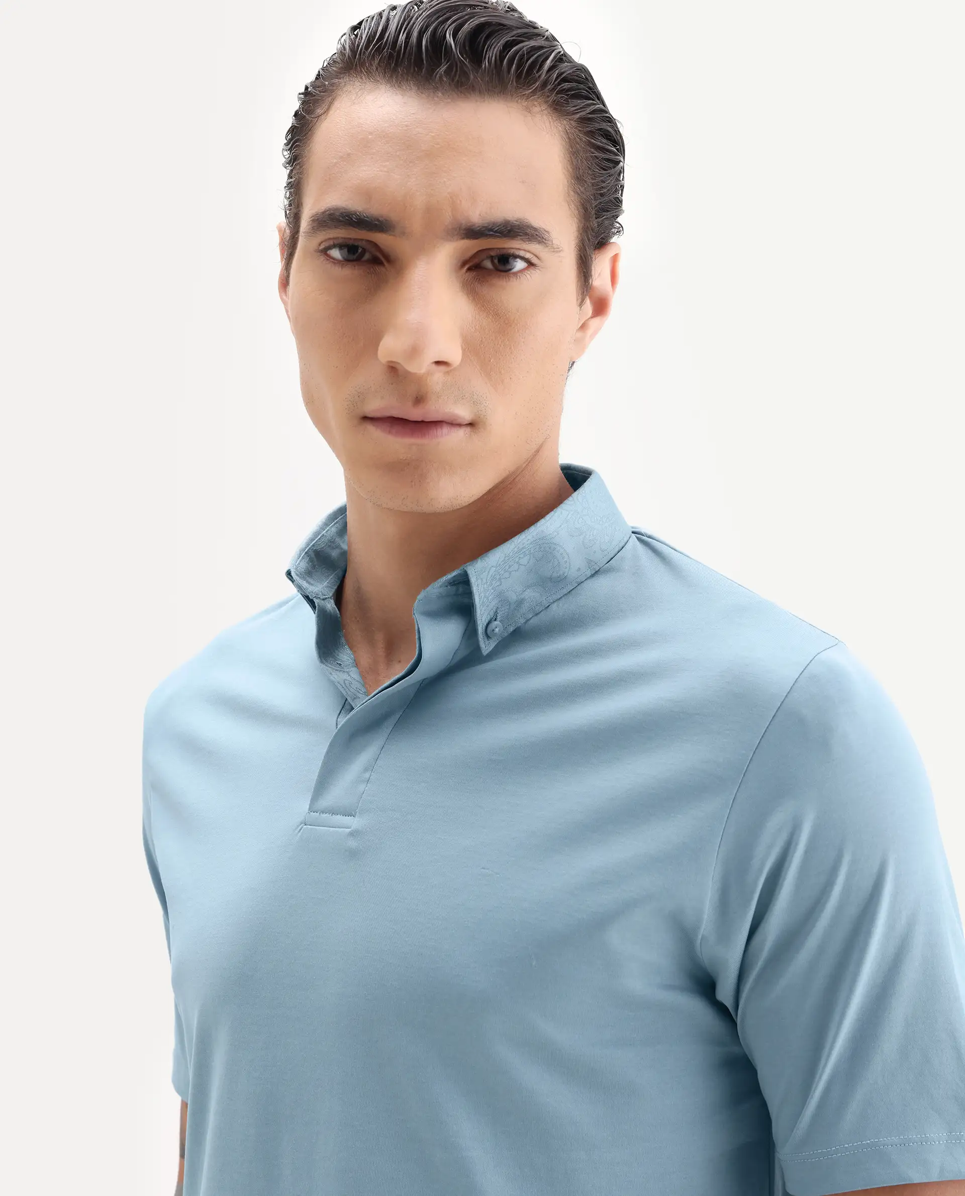 Rare Rabbit Men's Clarence-1 Dusky Blue Cotton Plain Regular Fit Half Sleeve Polo - Image 3