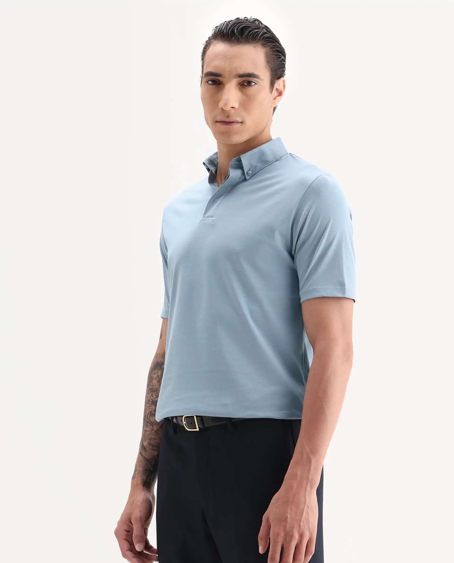 Rare Rabbit Men's Clarence-1 Dusky Blue Cotton Plain Regular Fit Half Sleeve Polo - Image 4