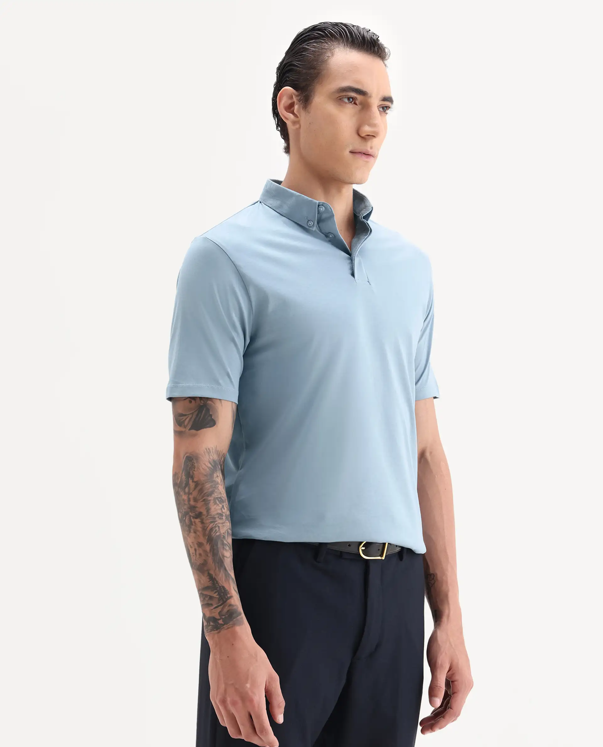 Rare Rabbit Men's Clarence-1 Dusky Blue Cotton Plain Regular Fit Half Sleeve Polo - Image 5