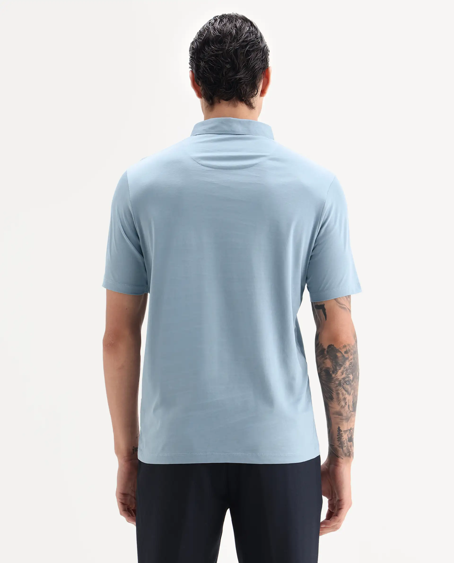 Rare Rabbit Men's Clarence-1 Dusky Blue Cotton Plain Regular Fit Half Sleeve Polo - Image 6