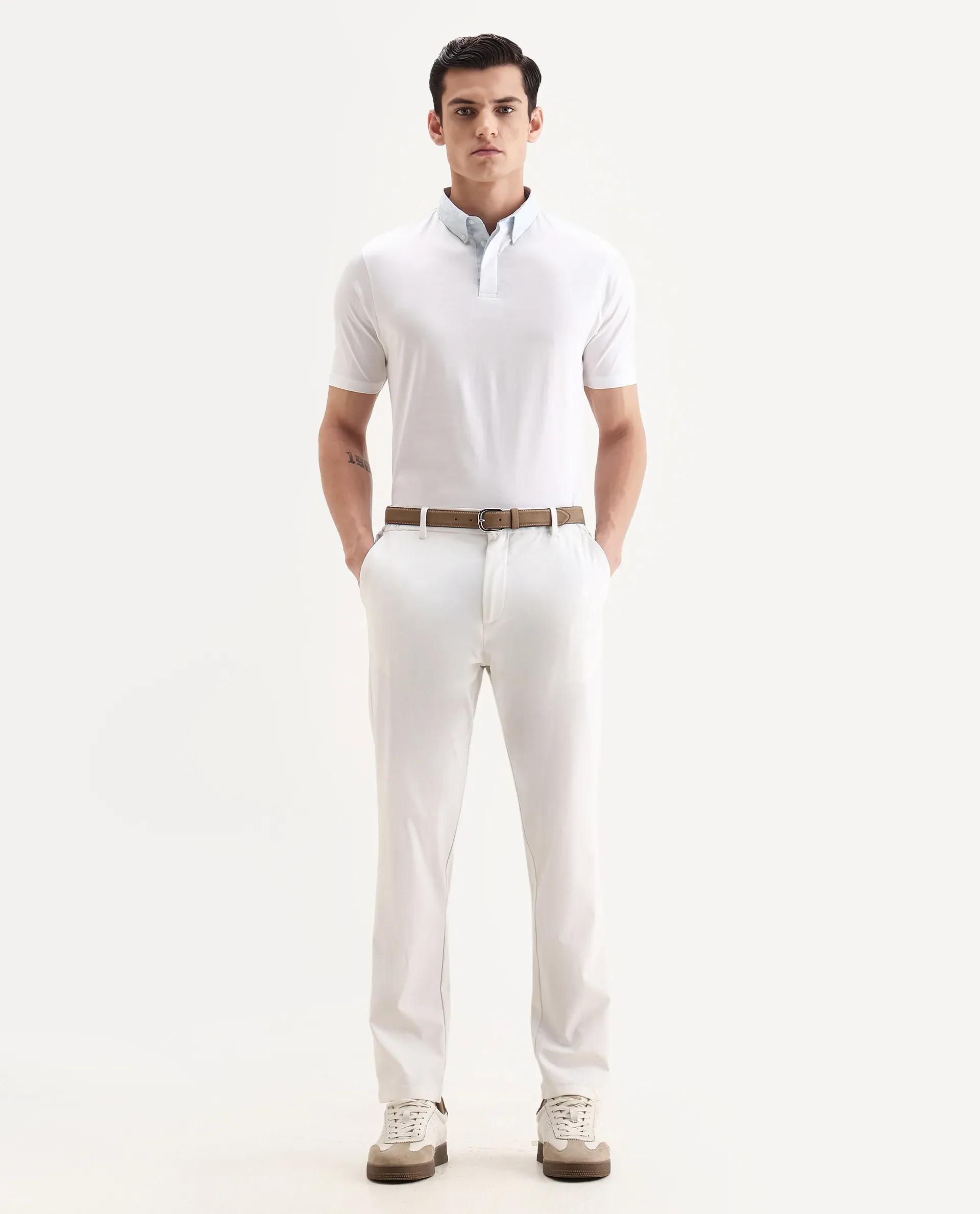 Rare Rabbit Men's Clarence-1 White Cotton Plain Regular Fit Half Sleeve Polo - Image 2