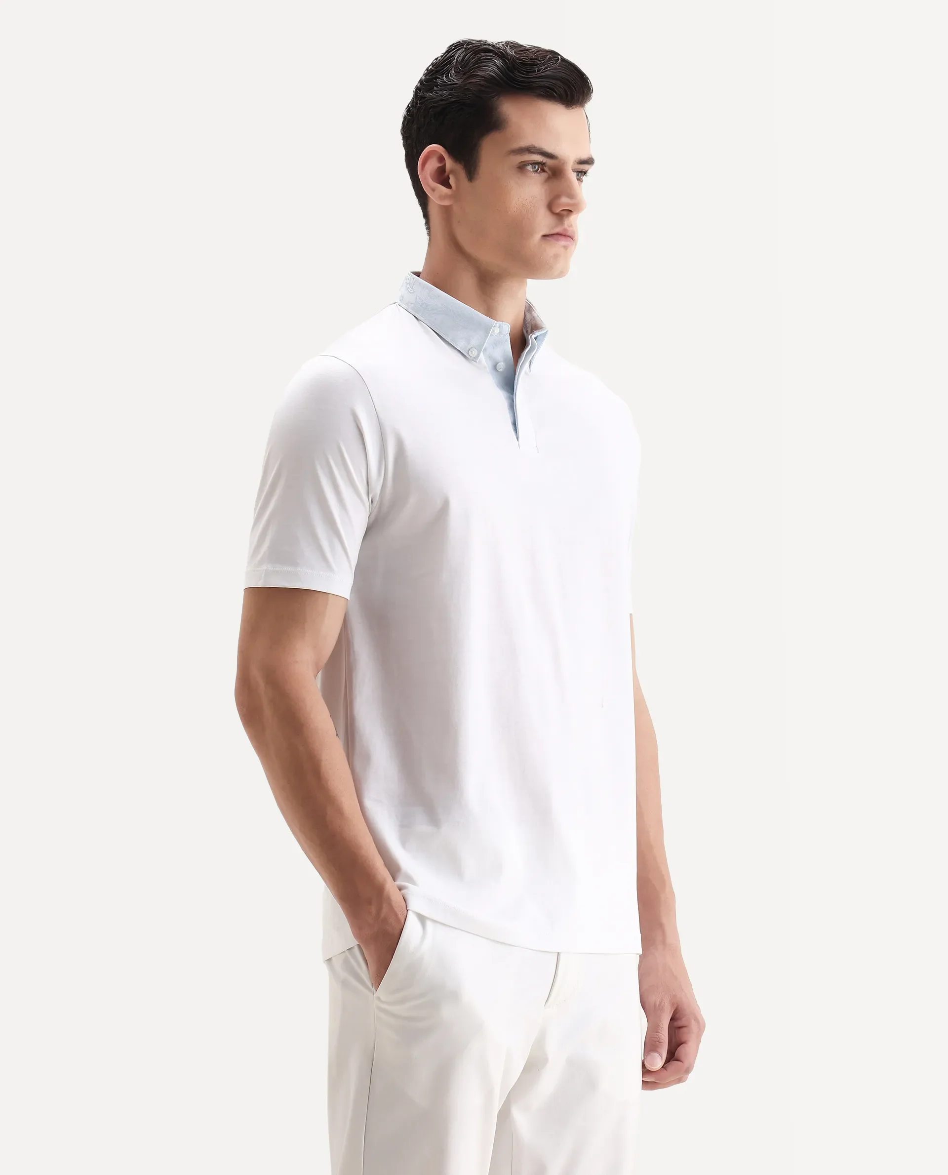 Rare Rabbit Men's Clarence-1 White Cotton Plain Regular Fit Half Sleeve Polo - Image 4