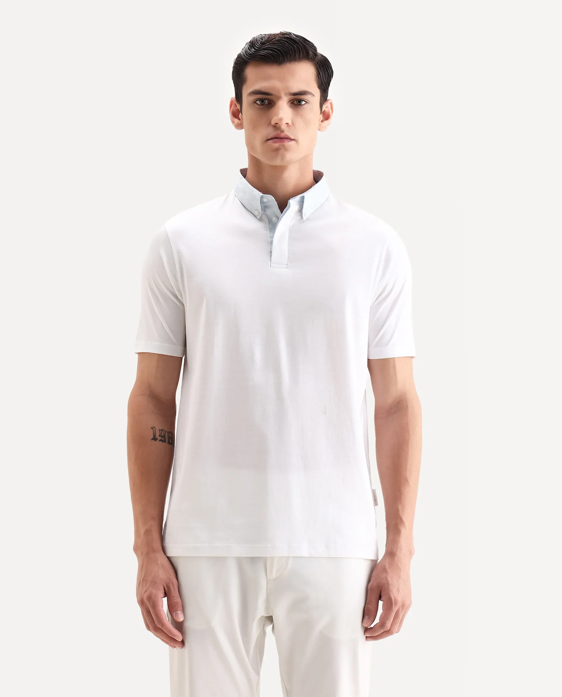 Rare Rabbit Men's Clarence-1 White Cotton Plain Regular Fit Half Sleeve Polo - Image 6
