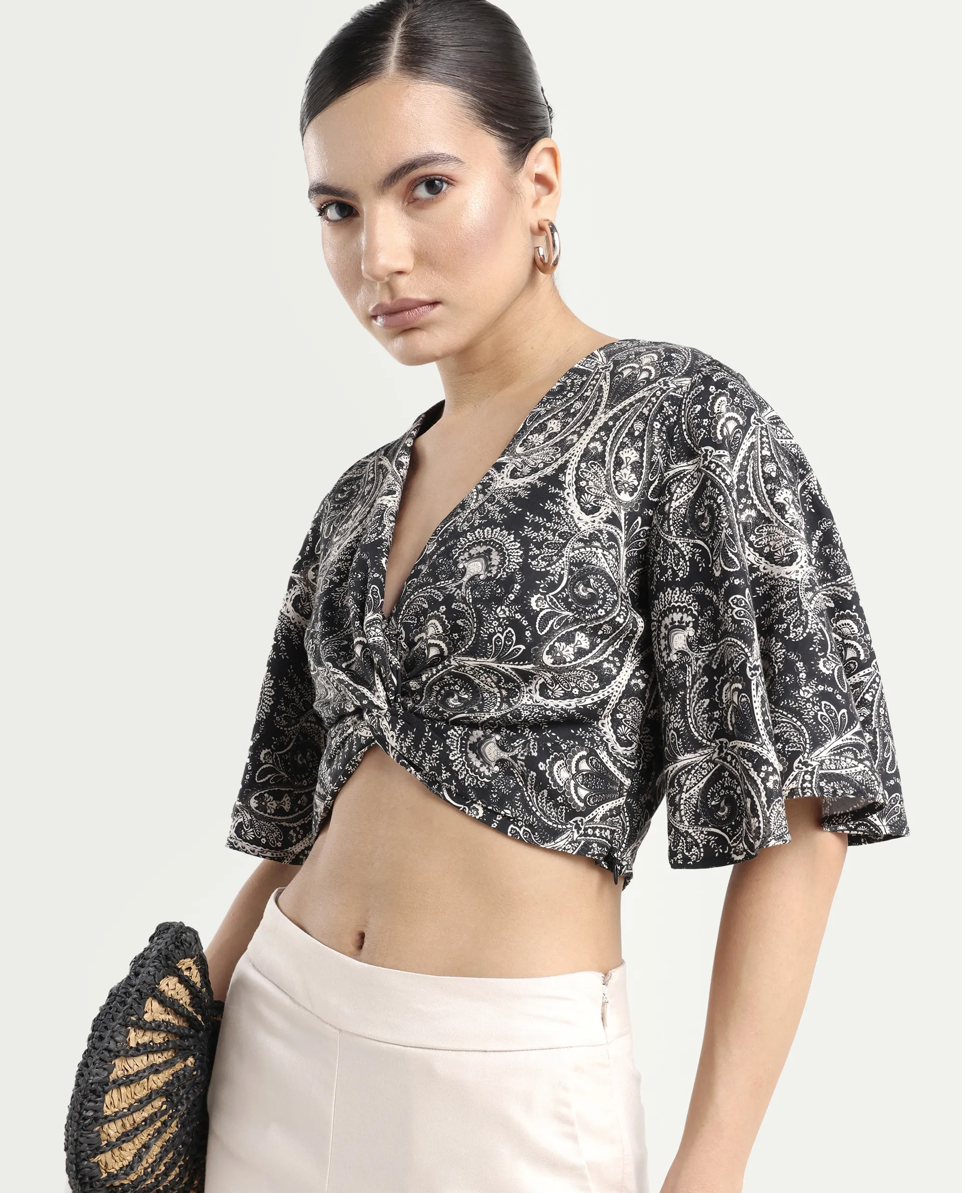 Rareism Women's Clarence Black Cotton Blend V-Neck Paisley Print Flared Sleeve Crop Regular Fit Top