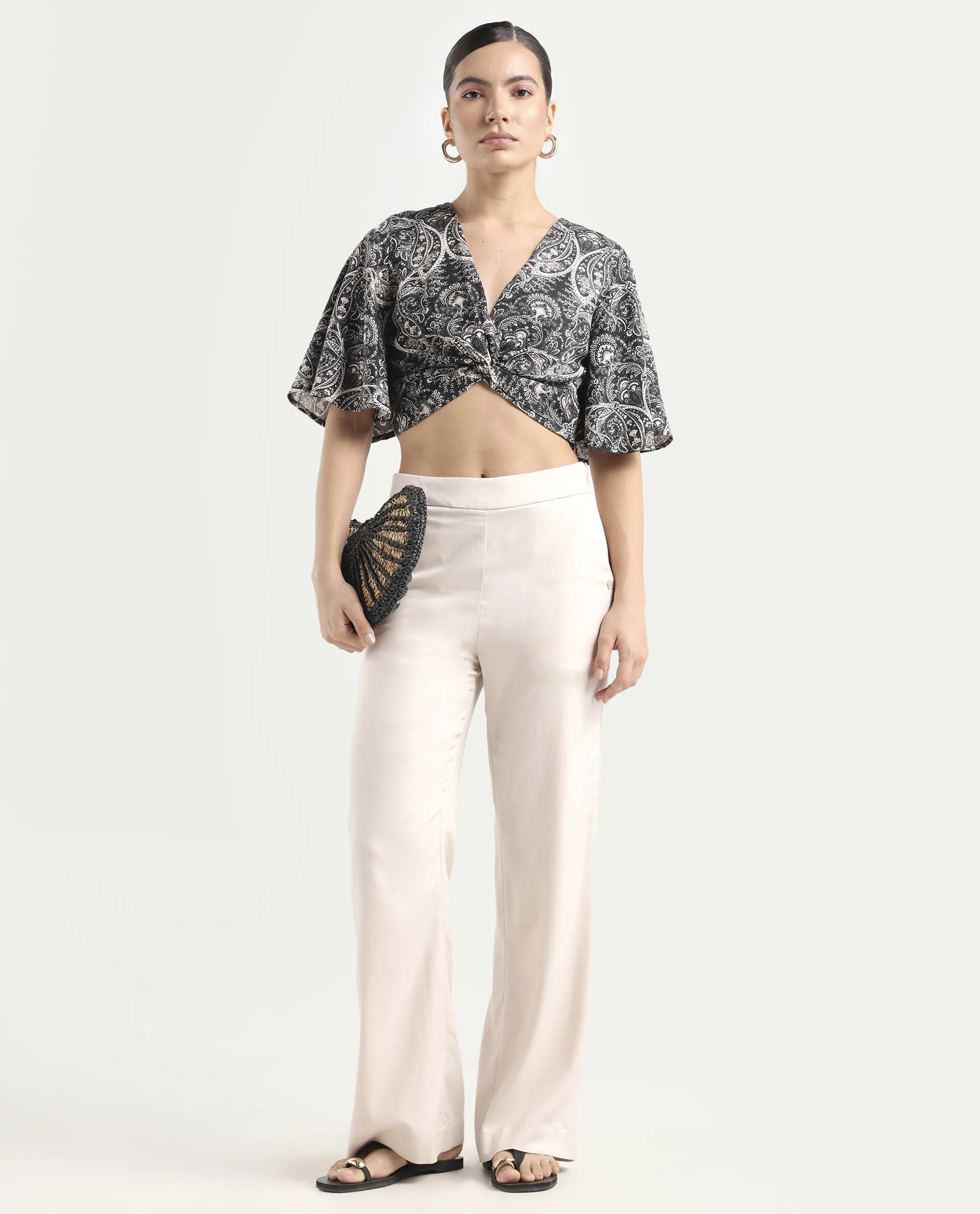 Rareism Women's Clarence Black Cotton Blend V-Neck Paisley Print Flared Sleeve Crop Regular Fit Top - Image 2