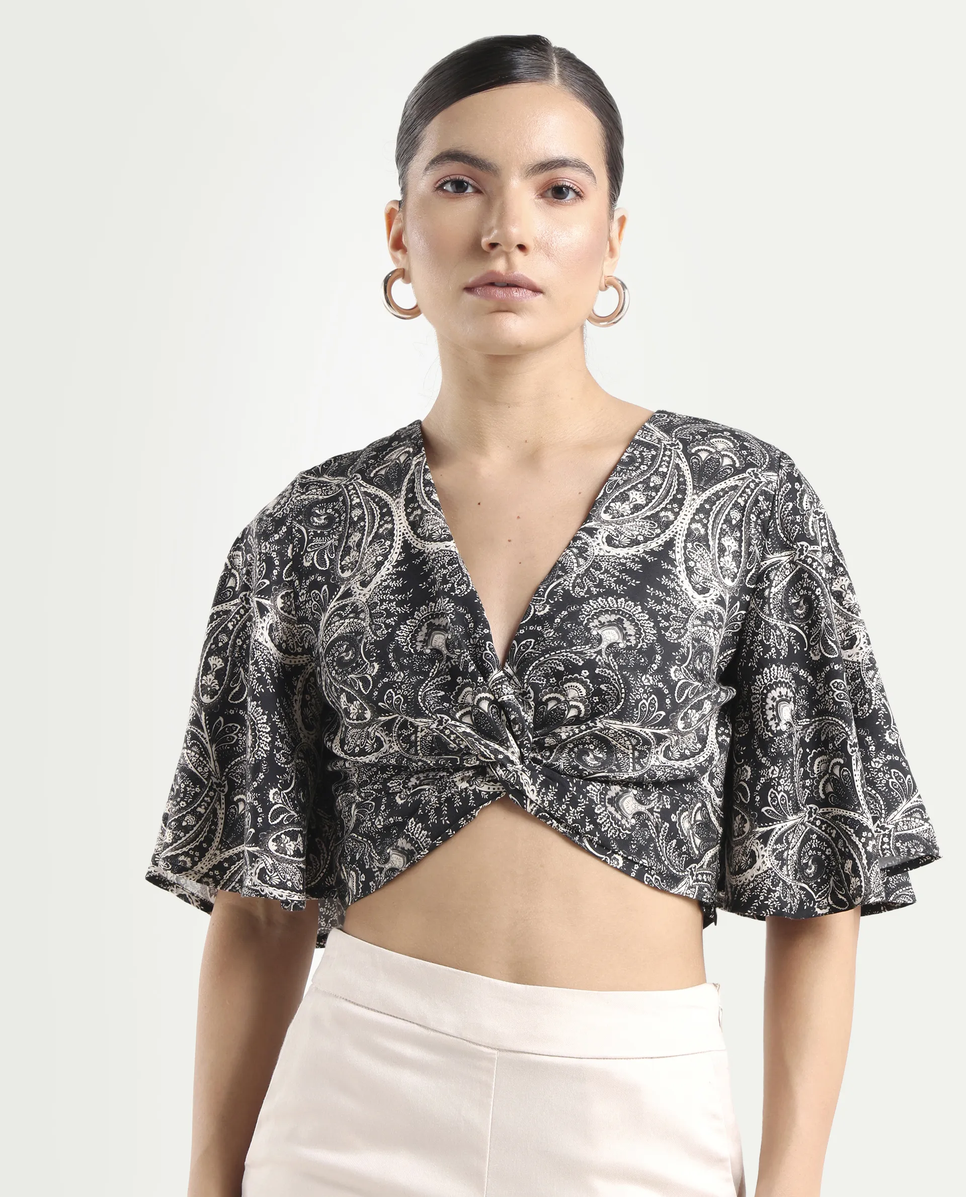 Rareism Women's Clarence Black Cotton Blend V-Neck Paisley Print Flared Sleeve Crop Regular Fit Top - Image 3