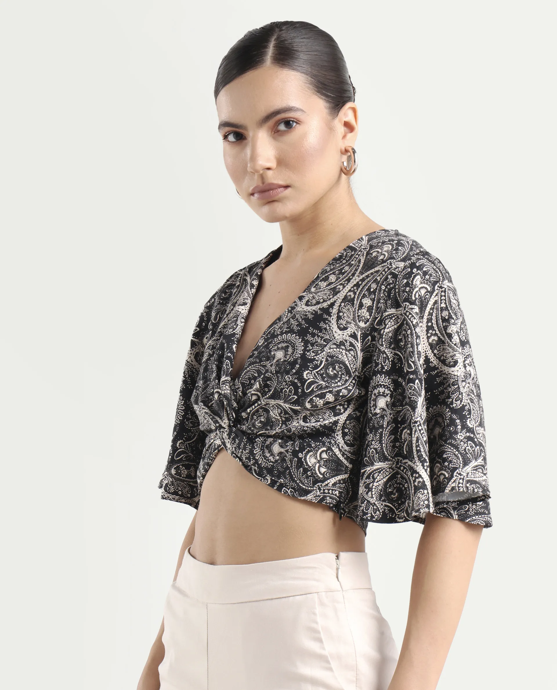 Rareism Women's Clarence Black Cotton Blend V-Neck Paisley Print Flared Sleeve Crop Regular Fit Top - Image 5