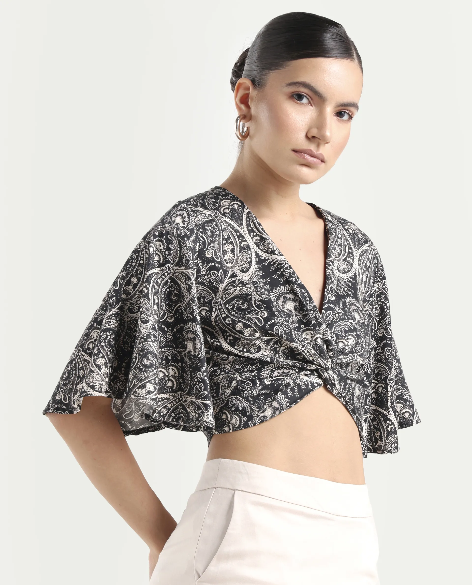 Rareism Women's Clarence Black Cotton Blend V-Neck Paisley Print Flared Sleeve Crop Regular Fit Top - Image 6